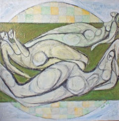 Mosche Katz Signed Oil on Canvas Abstract Painting of Nudes