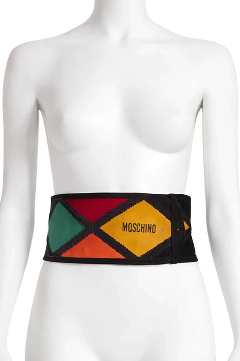 Moschino 1980s Vintage Harlequin Suede Wide Belt Redwall  display picture 3
