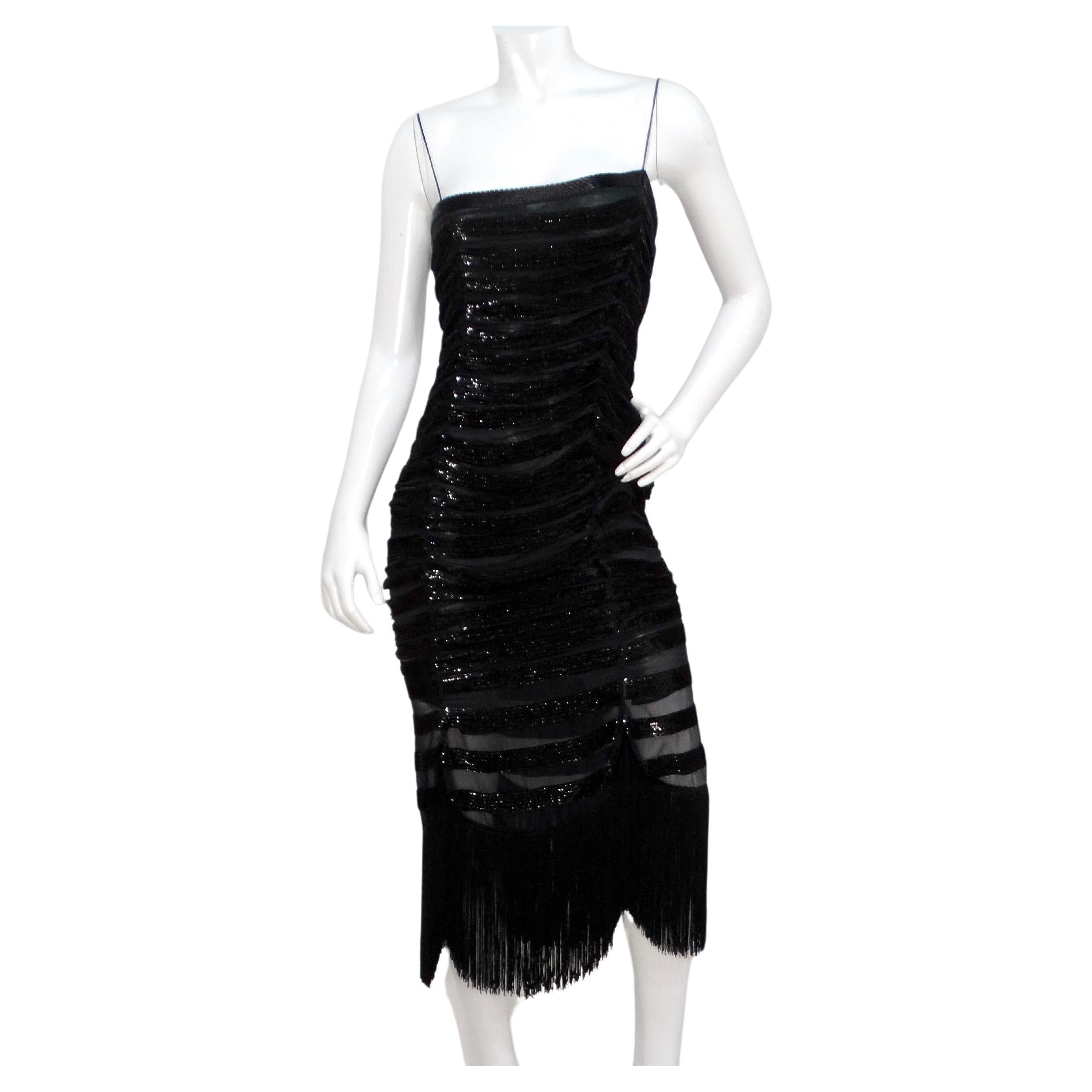 Moschino 1990s Couture Black Sequins Sheer Sleeveless Dress with Fringe
