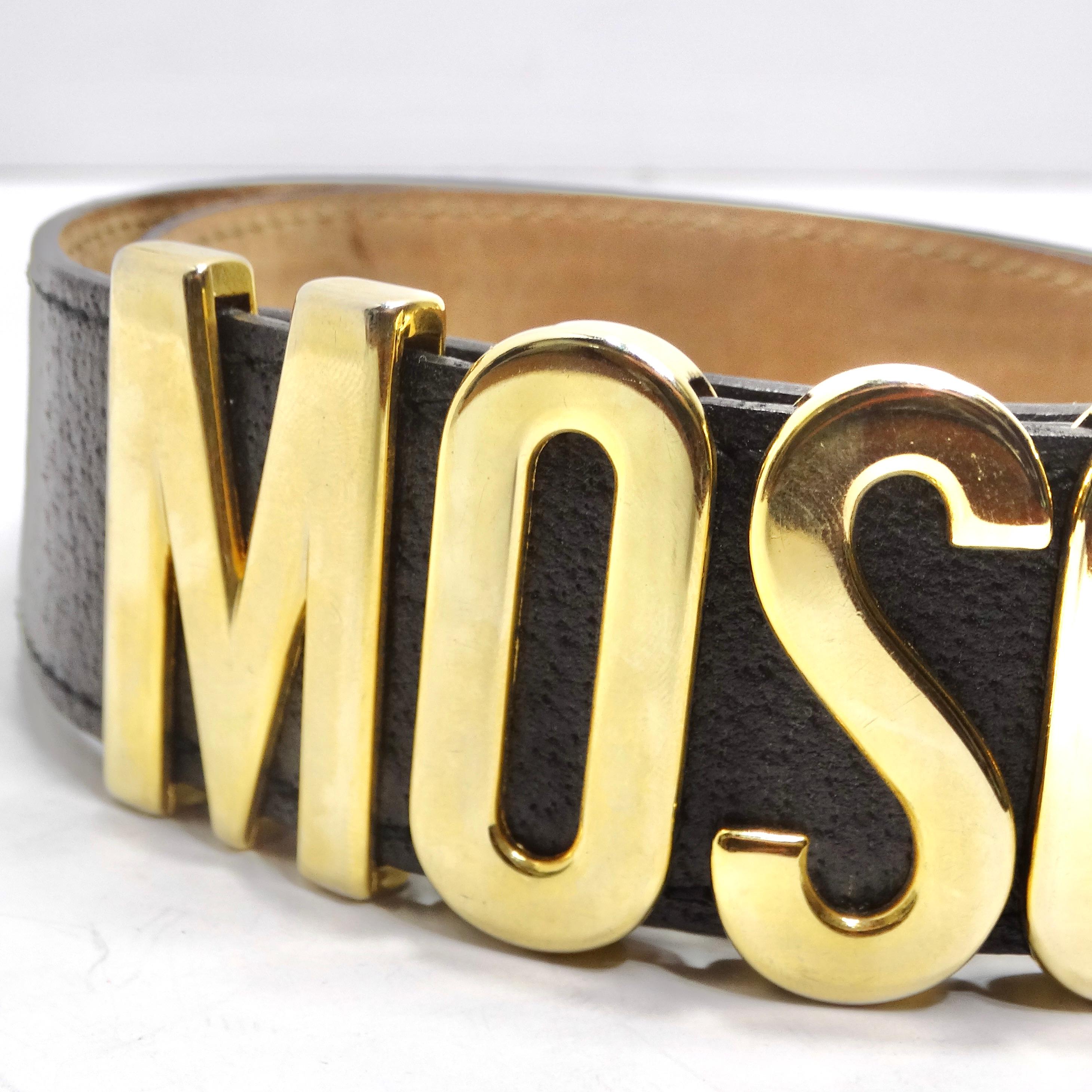 Beige Moschino 1990s Gold Tone Logo Black Leather Belt For Sale