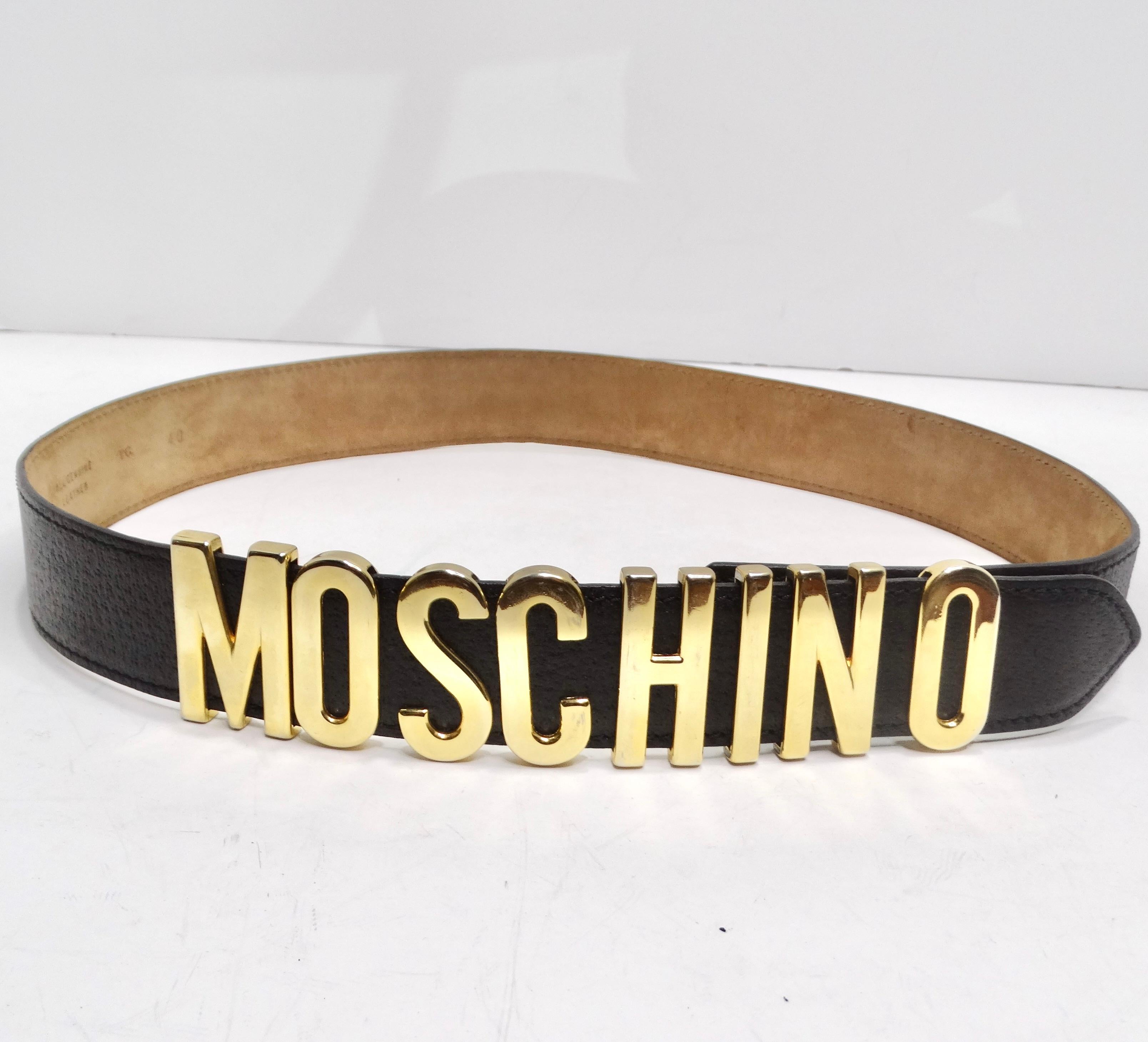 Moschino 1990s Gold Tone Logo Black Leather Belt In Good Condition For Sale In Scottsdale, AZ