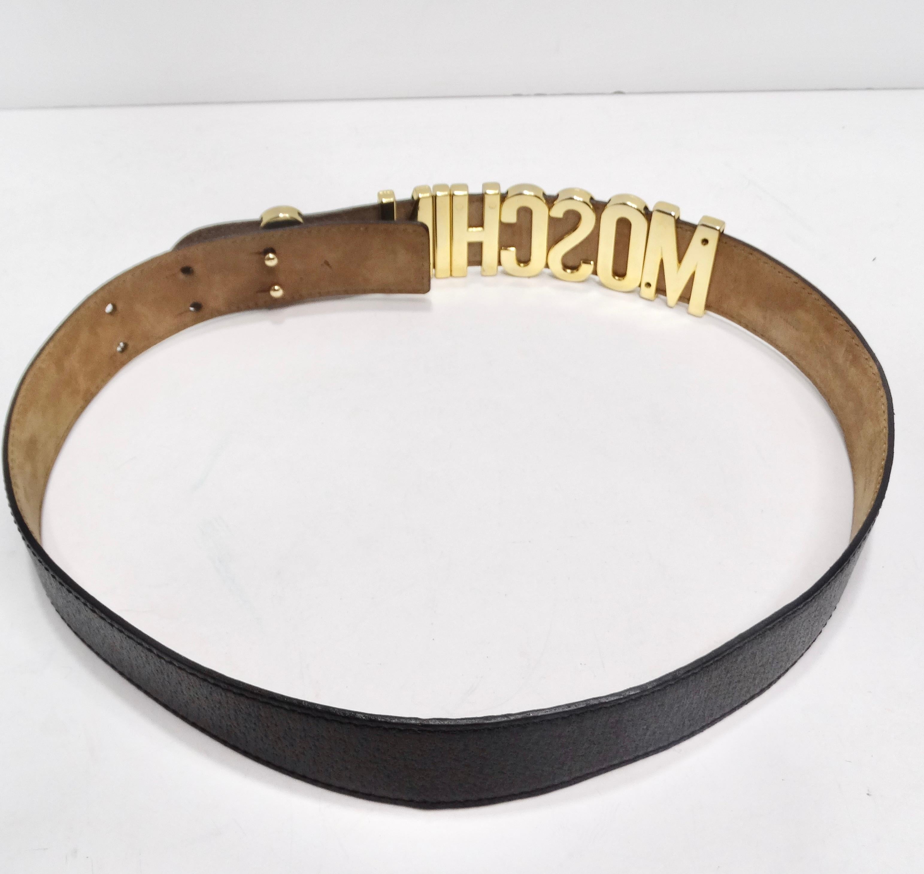 Moschino 1990s Gold Tone Logo Black Leather Belt For Sale 1