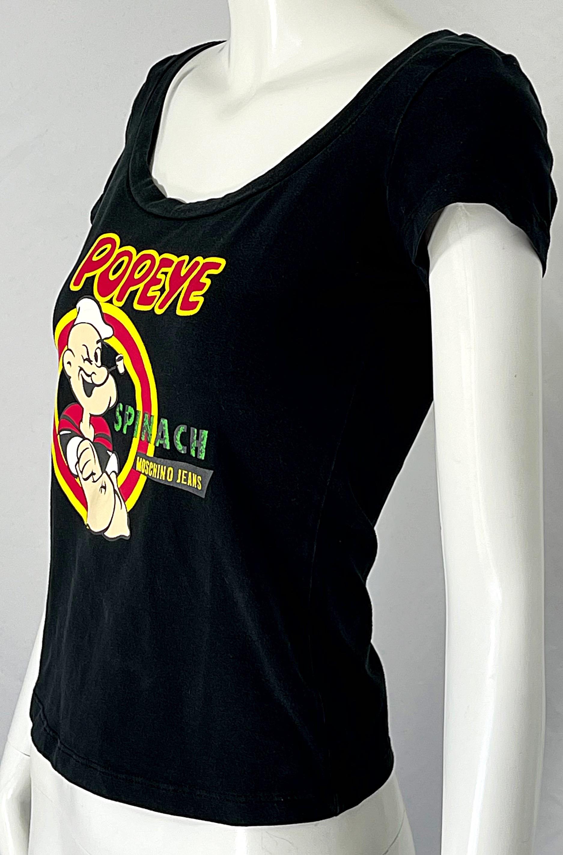 Black Moschino Jeans Popeye the Sailor Man Novelty Print Vintage 90s Tee Shirt Spinach