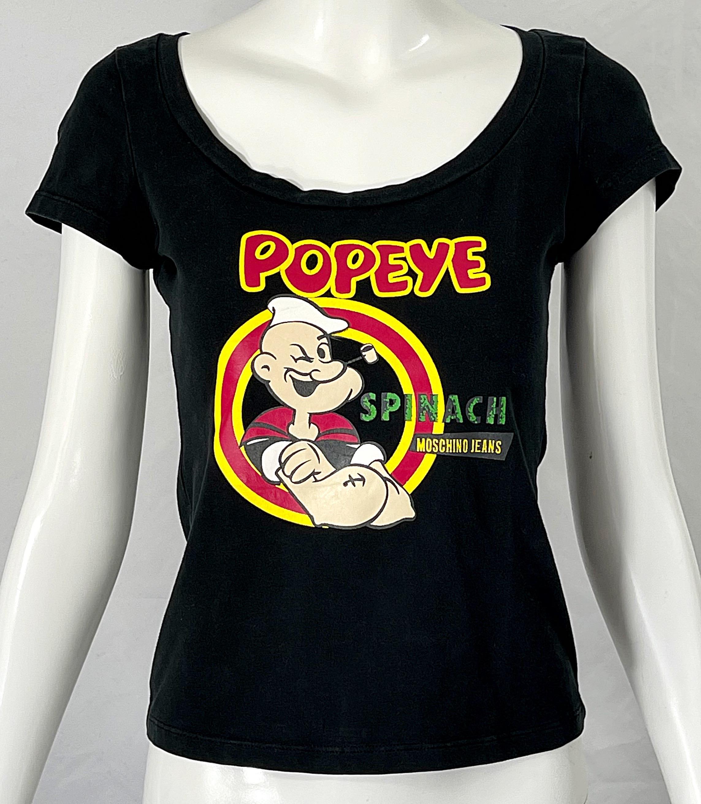 Women's Moschino Jeans Popeye the Sailor Man Novelty Print Vintage 90s Tee Shirt Spinach
