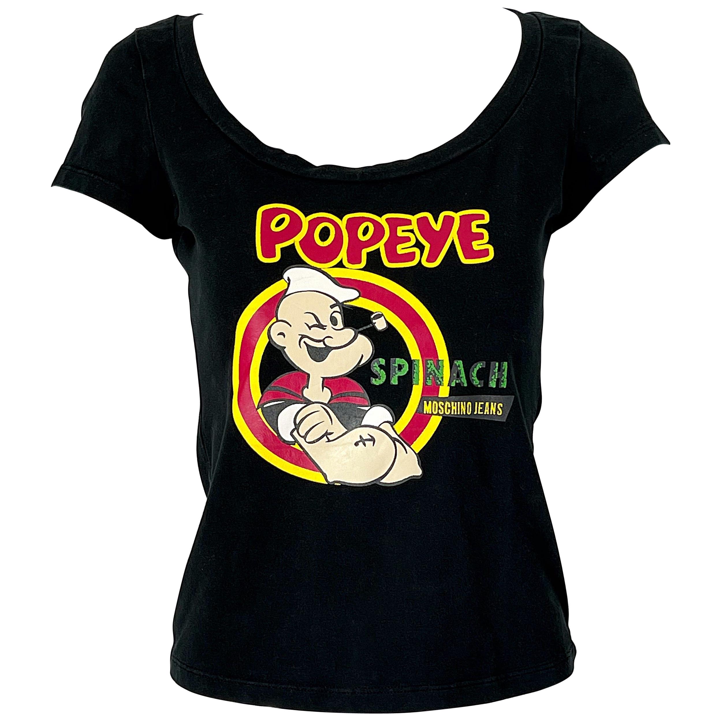Moschino 1990s Popeye the Sailor Man Novelty Print Vintage 90s Tee Shirt Spinach