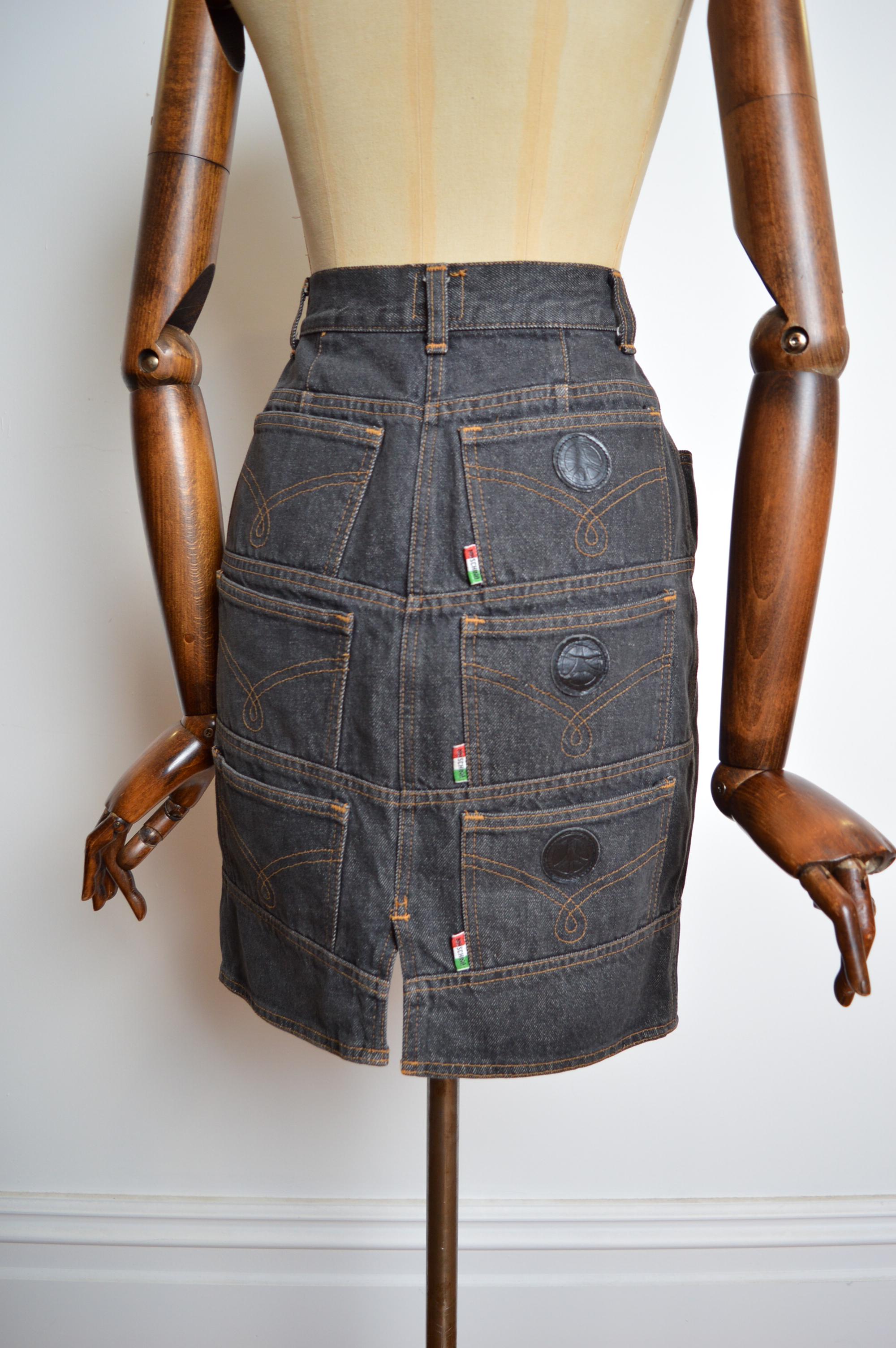 Black Moschino 1990s Trompe l’œil Grey Denim Multi pocket fun Avant Guard Pencil Skirt For Sale
