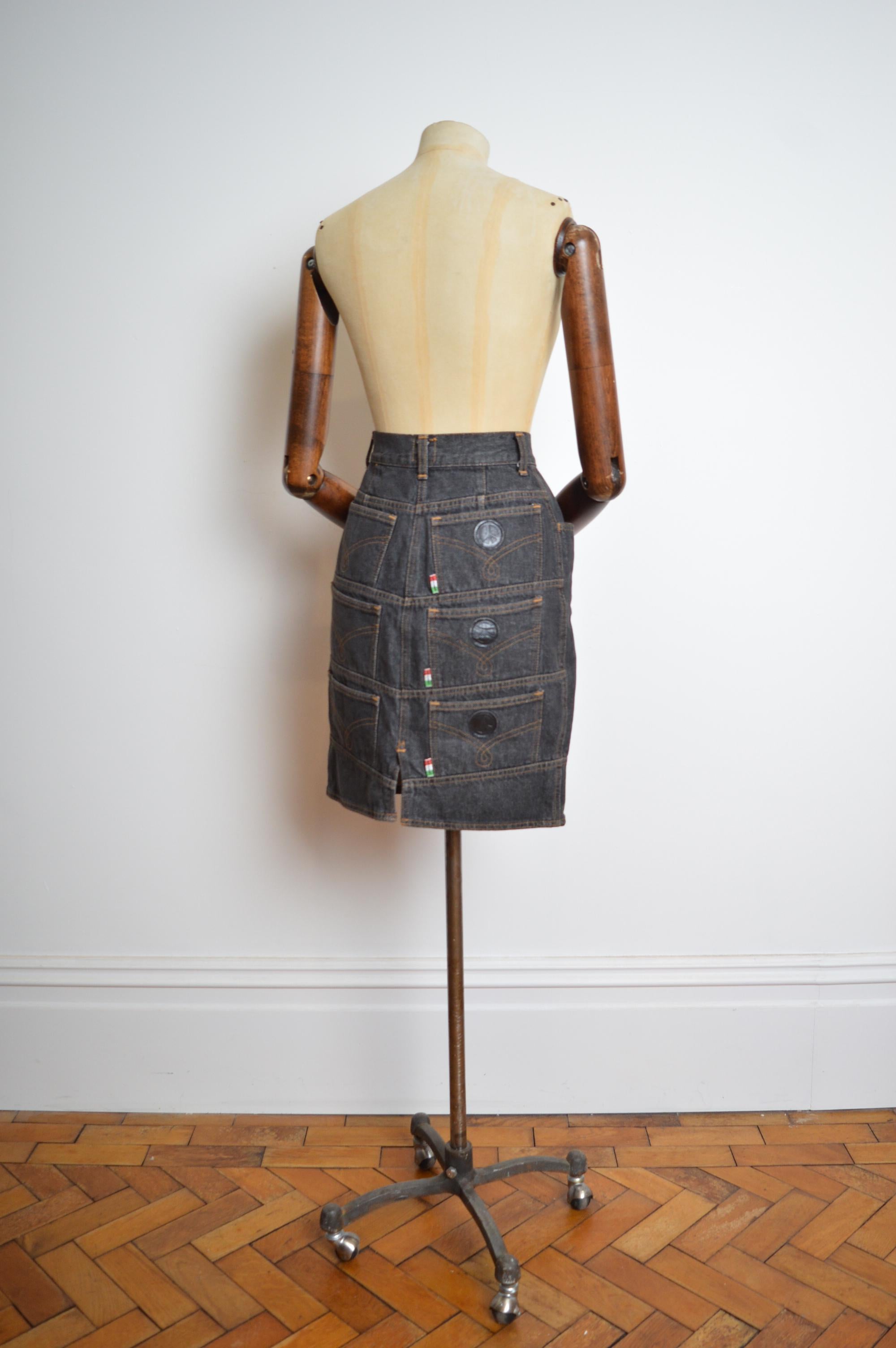 Moschino 1990s Trompe l’œil Grey Denim Multi pocket fun Avant Guard Pencil Skirt For Sale 1