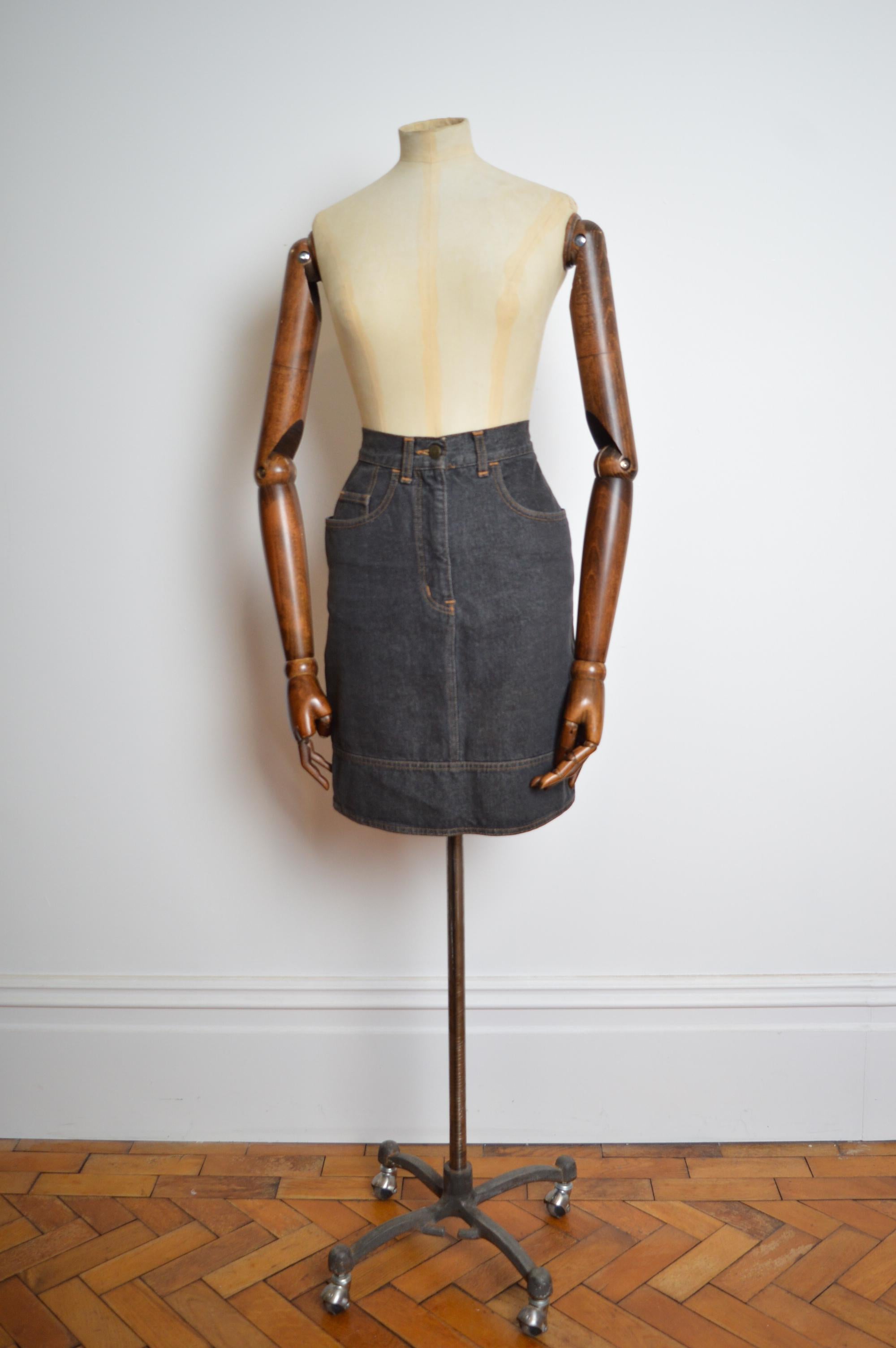 Moschino 1990s Trompe l’œil Grey Denim Multi pocket fun Avant Guard Pencil Skirt For Sale 3