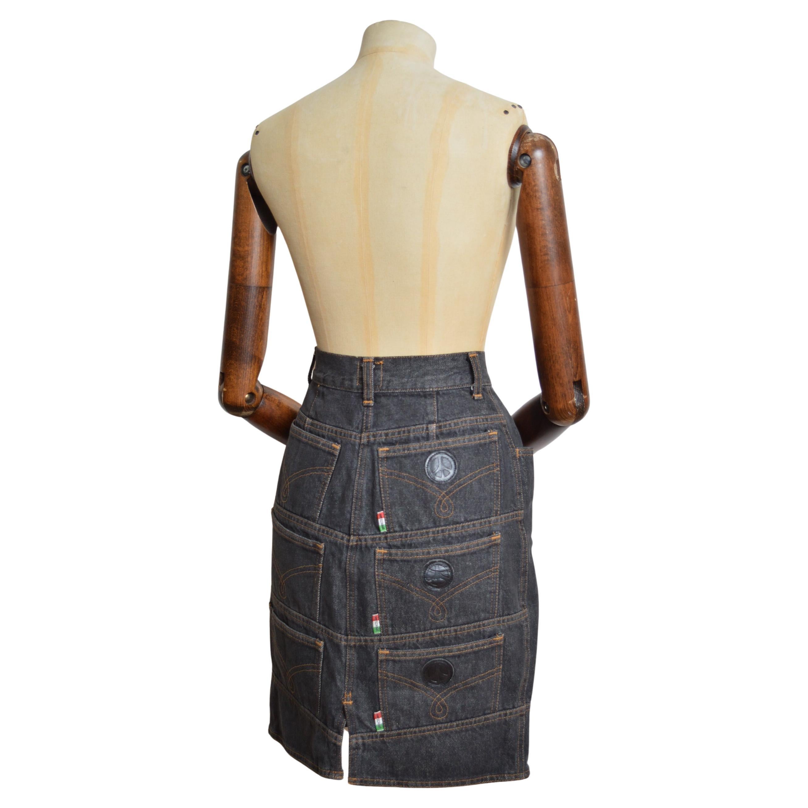 Moschino 1990s Trompe l’œil Grey Denim Multi pocket fun Avant Guard Pencil Skirt For Sale