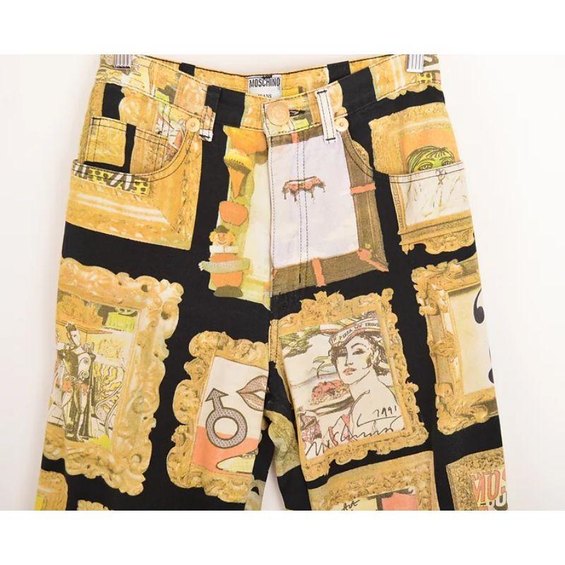 Vintage 1990's Moschino high waisted jeans, decorated with Baroque frames and iconic Moschino imagery and well known art works. 

MADE IN ITALY !

Features:
Gold tone metal hardware
Zip fasten
High waisted fit
Classic x4 pocket design

100%