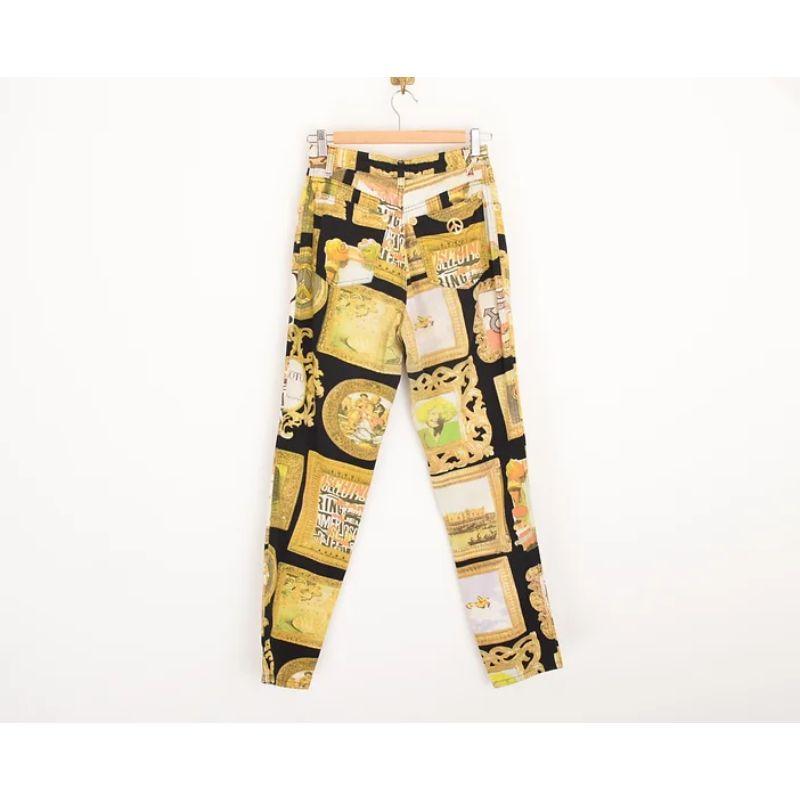 Women's or Men's Moschino 1990's Vintage Baroque Frame Pattern Print High waisted Jeans For Sale