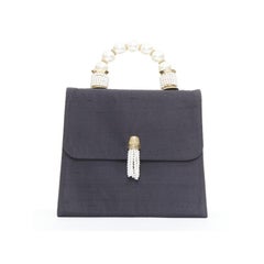 MOSCHINO 1990s Vintage raw silk pearl gold handle tassel flap top handle bag