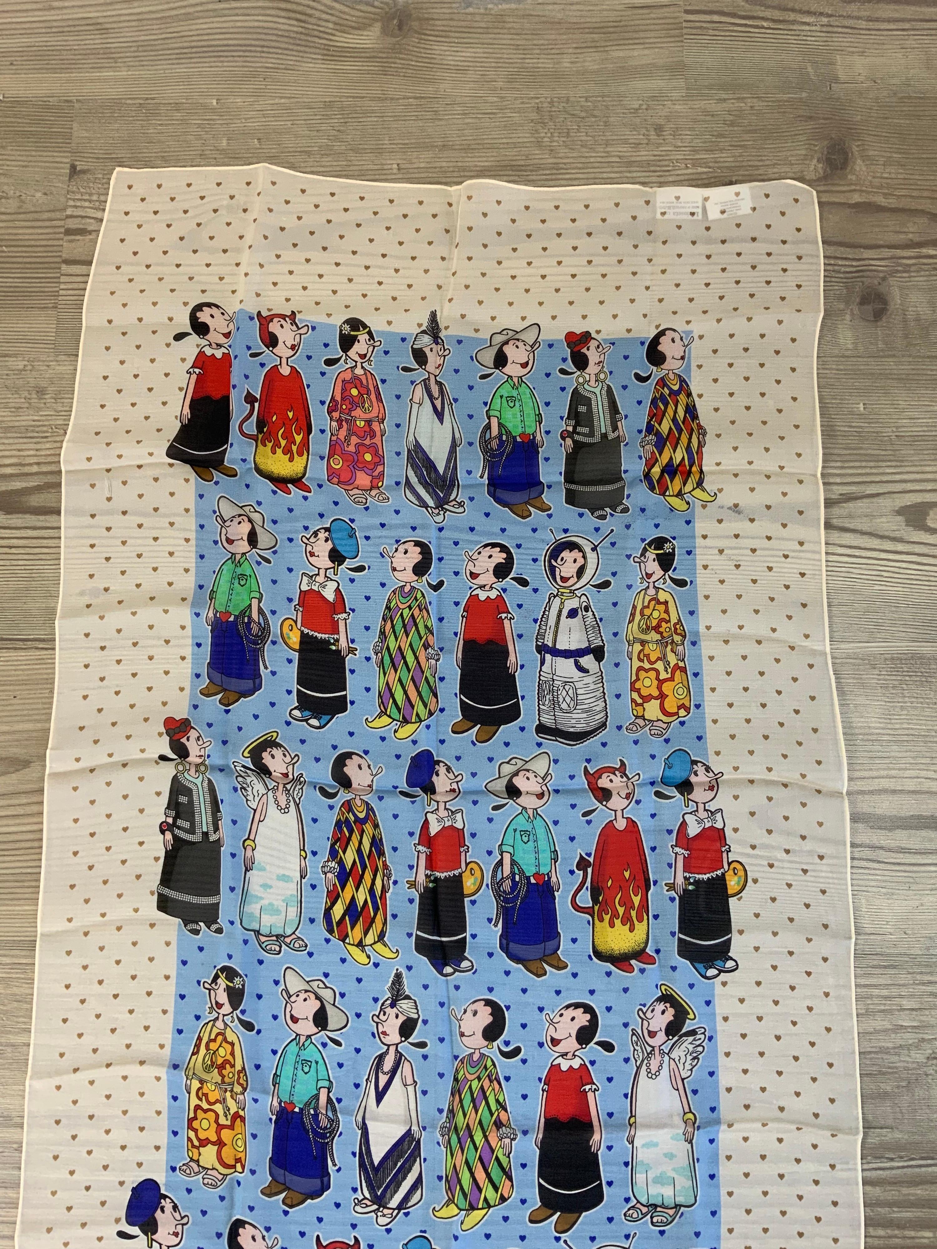 Moschino, Cheap & Chic vintage foulard. About 2000s.
Features Olive Oyl in different costumes. Vibrant colors. 
100% silk by Larioseta Como. Made in Italy 
Measurements:
160 cm X 47 cm
Conditions: Good - Previously owned and gently worn, with little