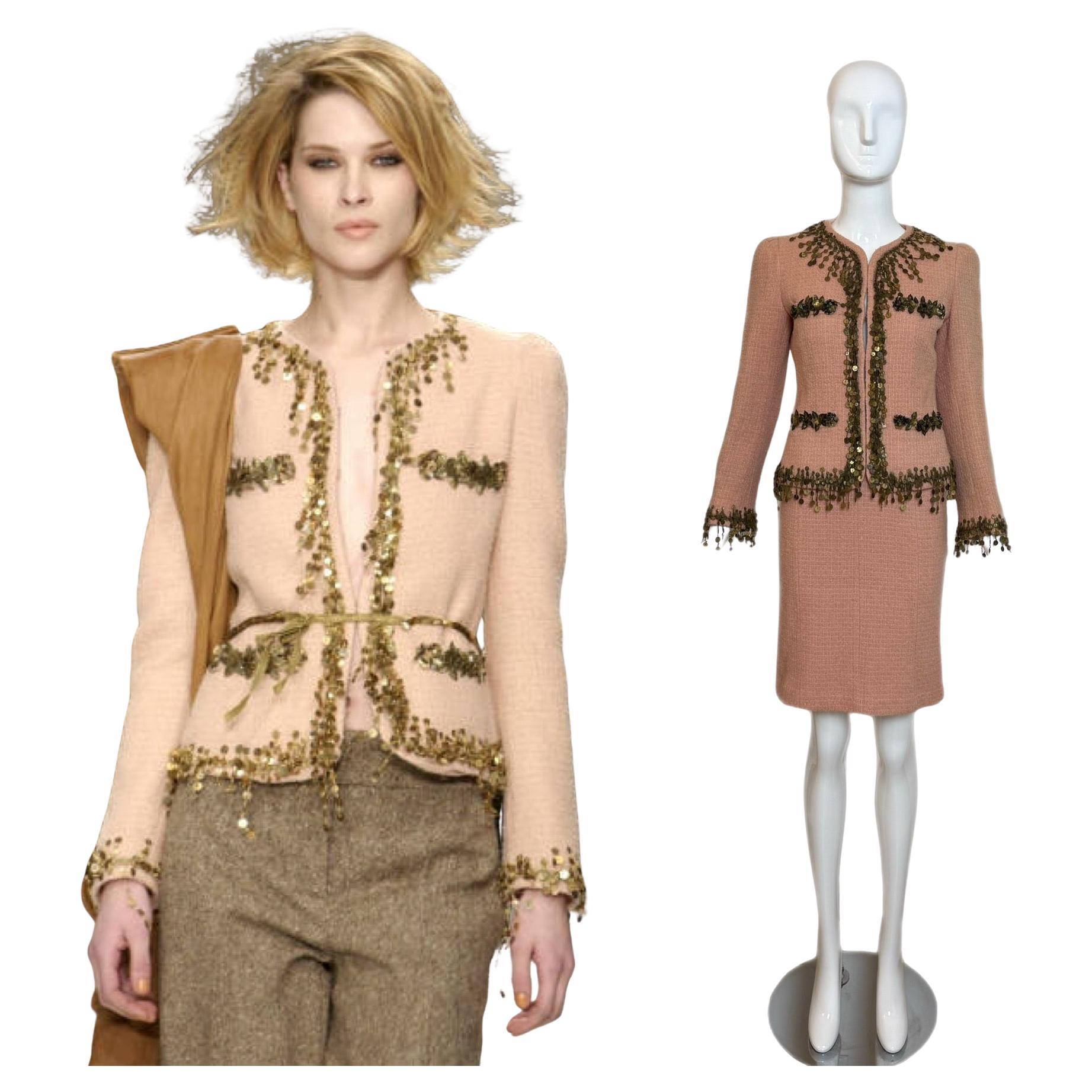 MOSCHINO 2002 vintage runway peach pink salmon skirt suit gold embellishments en vente