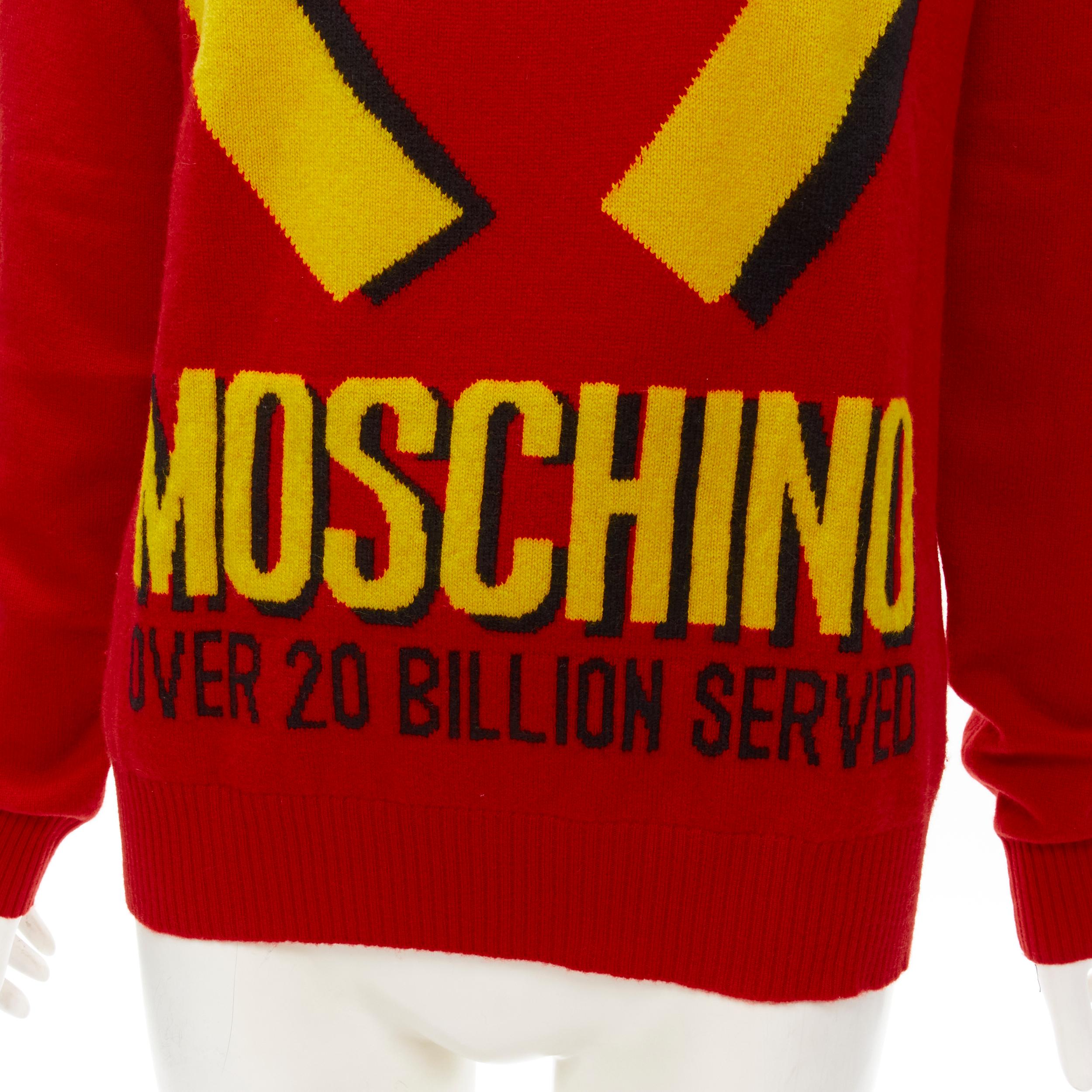 MOSCHINO 2014 Runway Fast Food red yellow McDonalds pullover S
Brand: Moschino
Designer: Jeremy Scott
Collection: 2014 Runway
Material: Feels like wool
Color: Red
Pattern: Logomania
Extra Detail: Fast food inspired graphic logo. Dropped shoulder