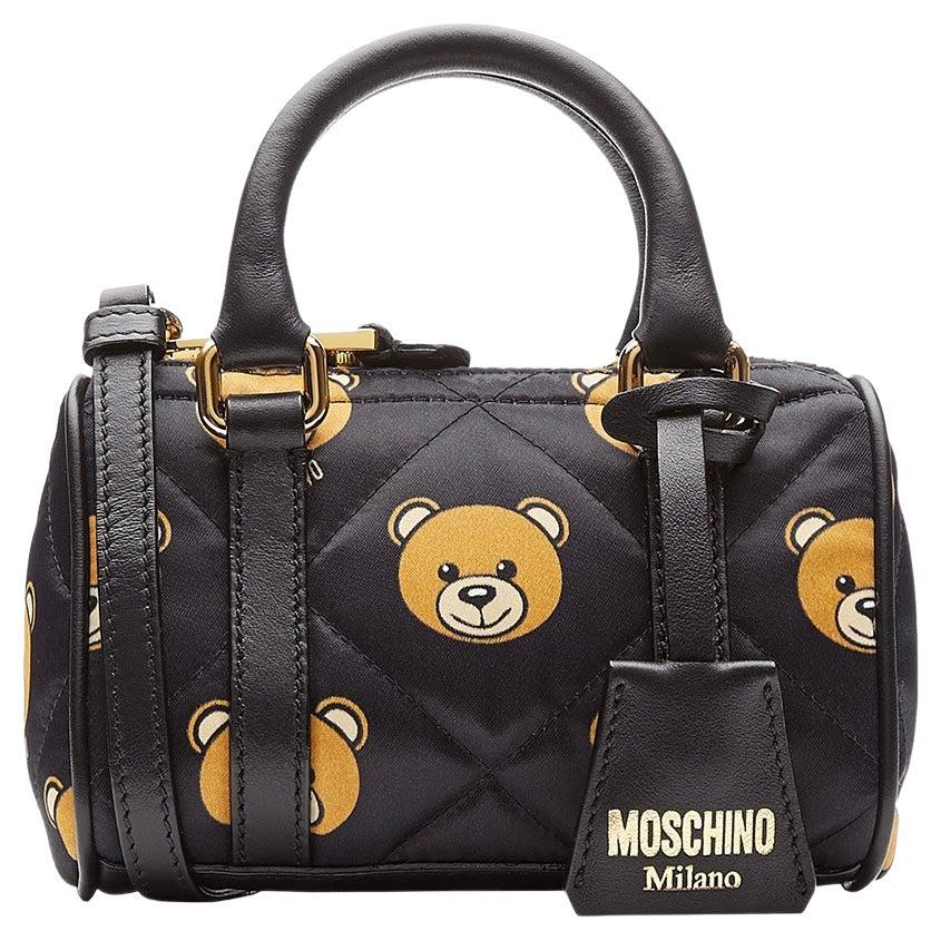 Moschino 2015 Runway Mini sac à main en satin noir imprimé ourson en vente