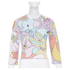 MOSCHINO 2022: Cárdigan corto de punto de algodón con estampado de dibujos animados «Calico Animals» de la colección de pasarela, talla IT36