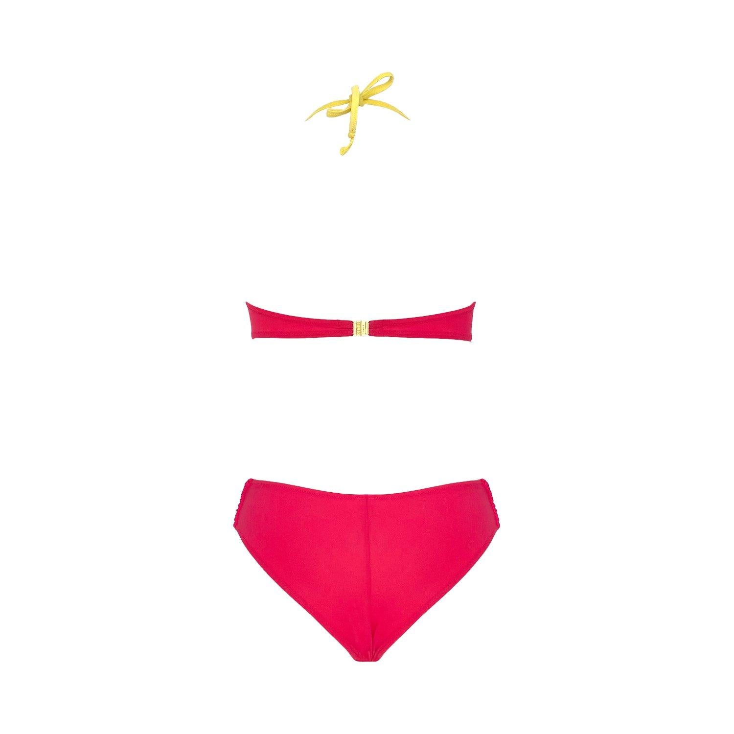 Iconic vintage yellow and hot pink swimsuit by Moschino from the from the early 2000s in a cut out 80s style. Featuring a bow waistband which can be worn up for a cut out effect, or lower for a classic cut. Moschino gold clasp to the back, tie