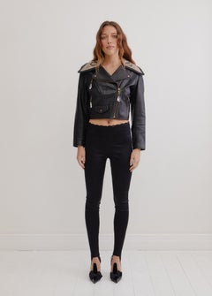 Moschino 90's leather biker jacket w crystal & sequin detail 'Colletto' collar