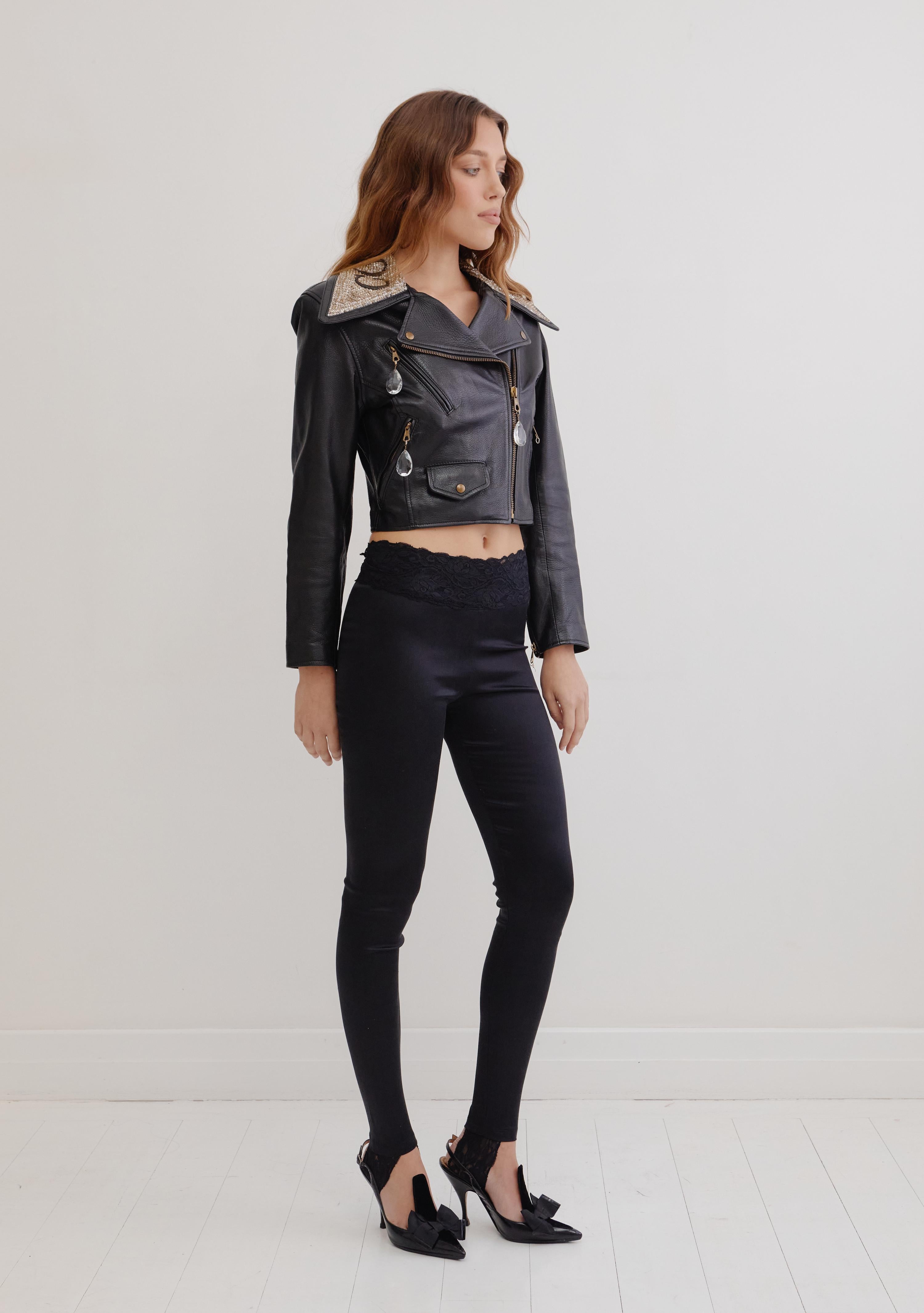 Black Moschino 90's leather biker jacket w crystal & sequin detail 'Colletto' collar For Sale