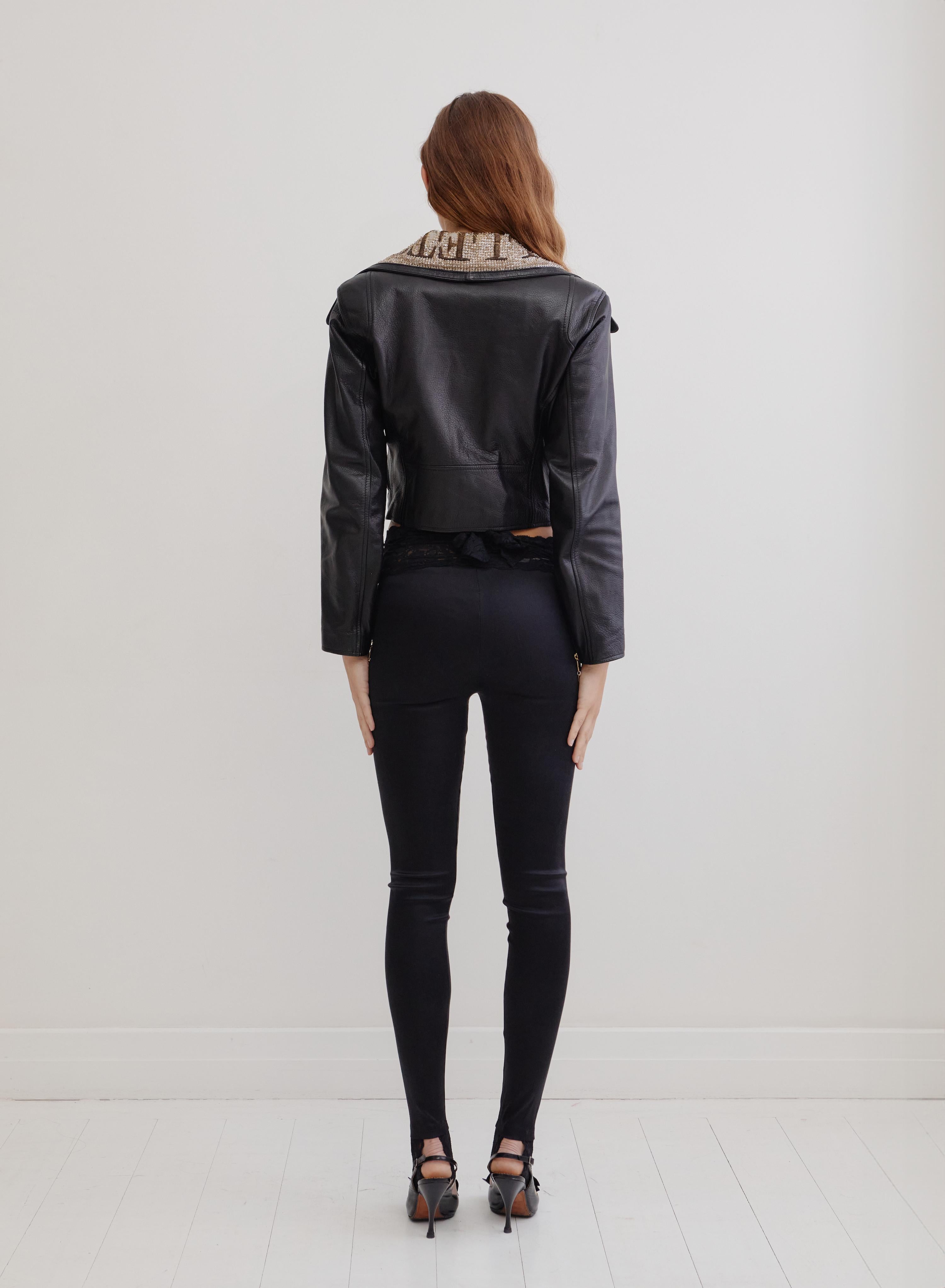 Moschino 90's leather biker jacket w crystal & sequin detail 'Colletto' collar In Excellent Condition For Sale In BELLEVUE HILL, NSW