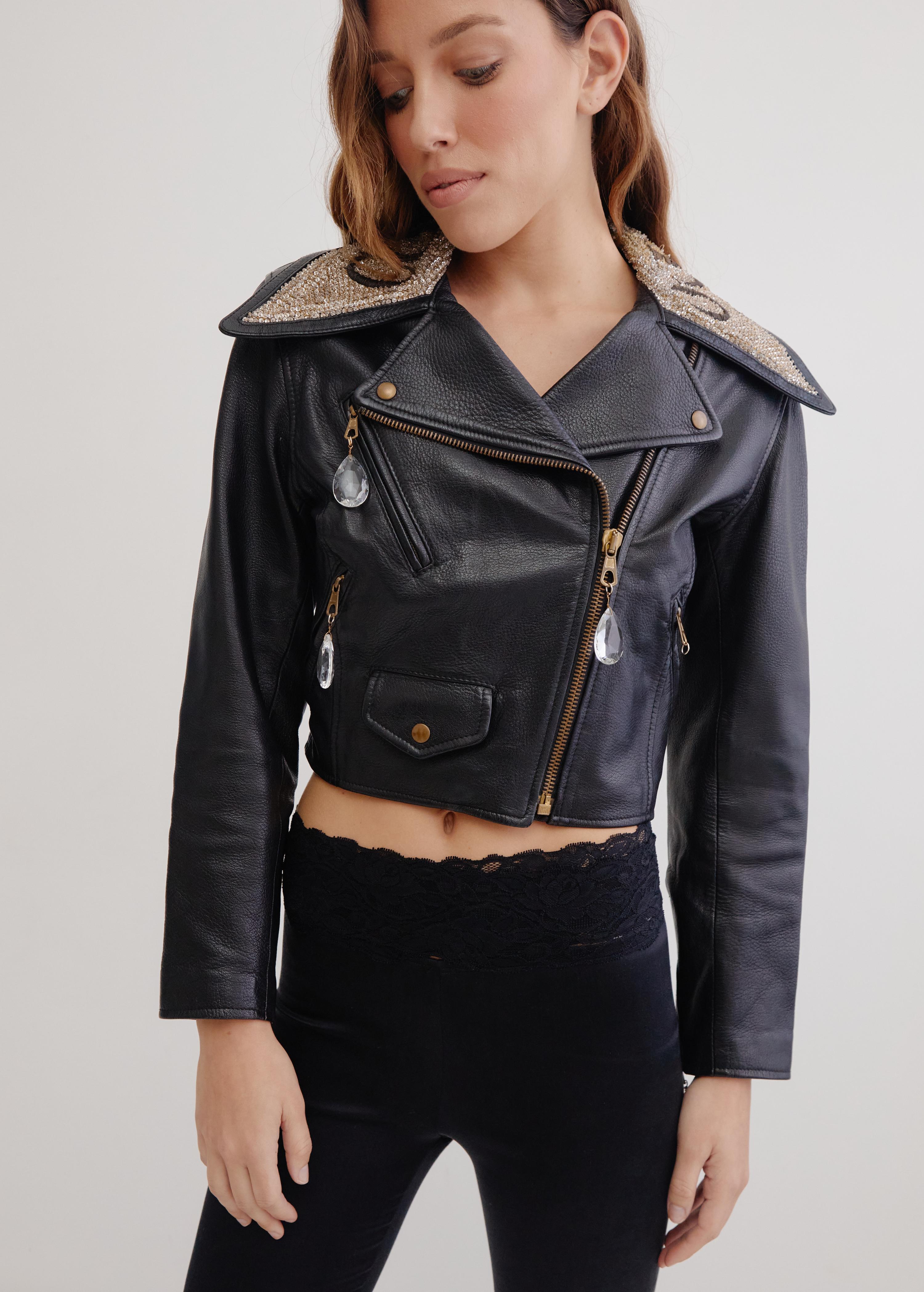 Women's Moschino 90's leather biker jacket w crystal & sequin detail 'Colletto' collar For Sale