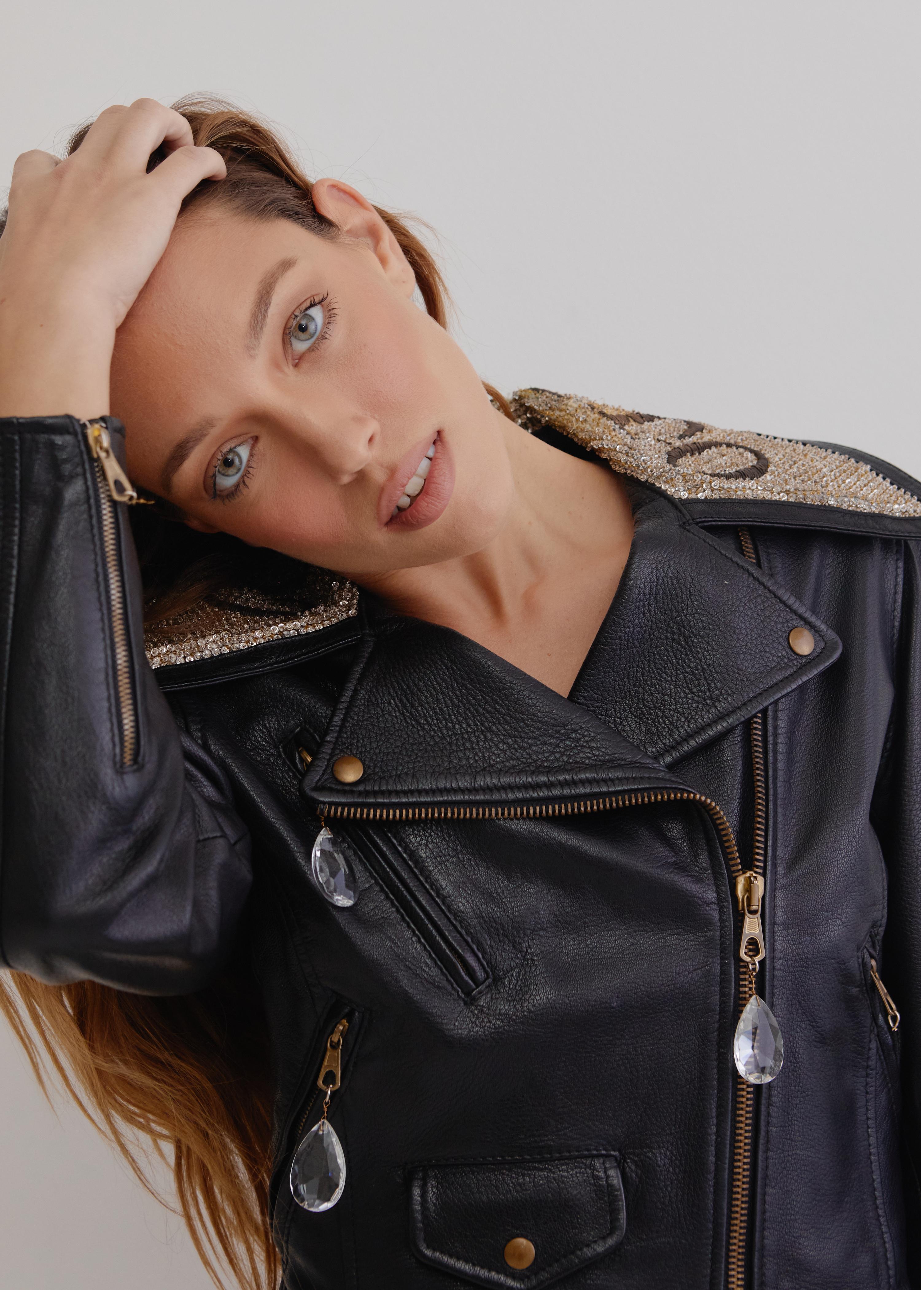 Moschino 90's leather biker jacket w crystal & sequin detail 'Colletto' collar For Sale 1