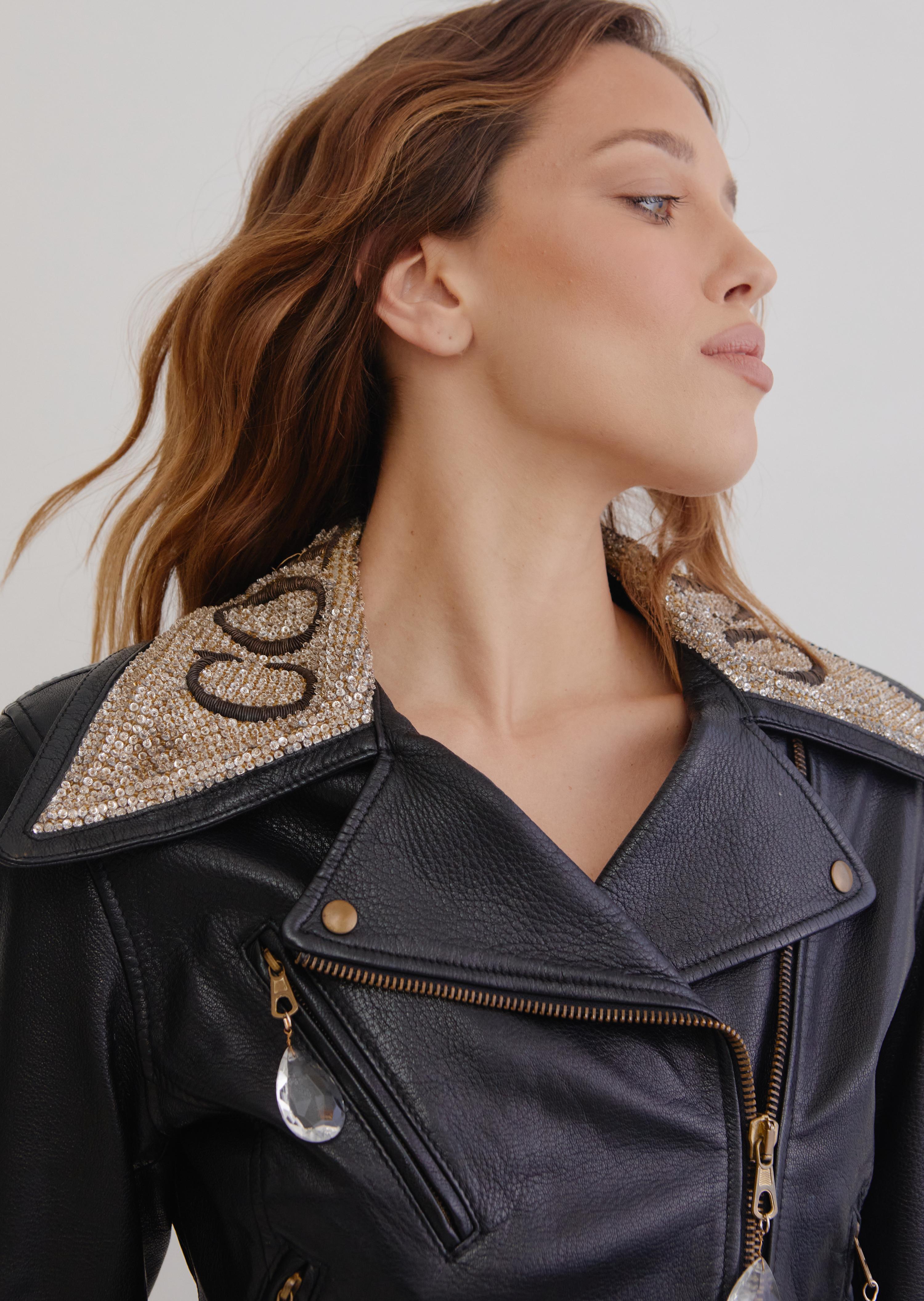 Moschino 90's leather biker jacket w crystal & sequin detail 'Colletto' collar For Sale 2