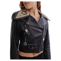 Vintage Moschino 90's leather biker jacket w crystal & sequin detail 'Colletto' collar