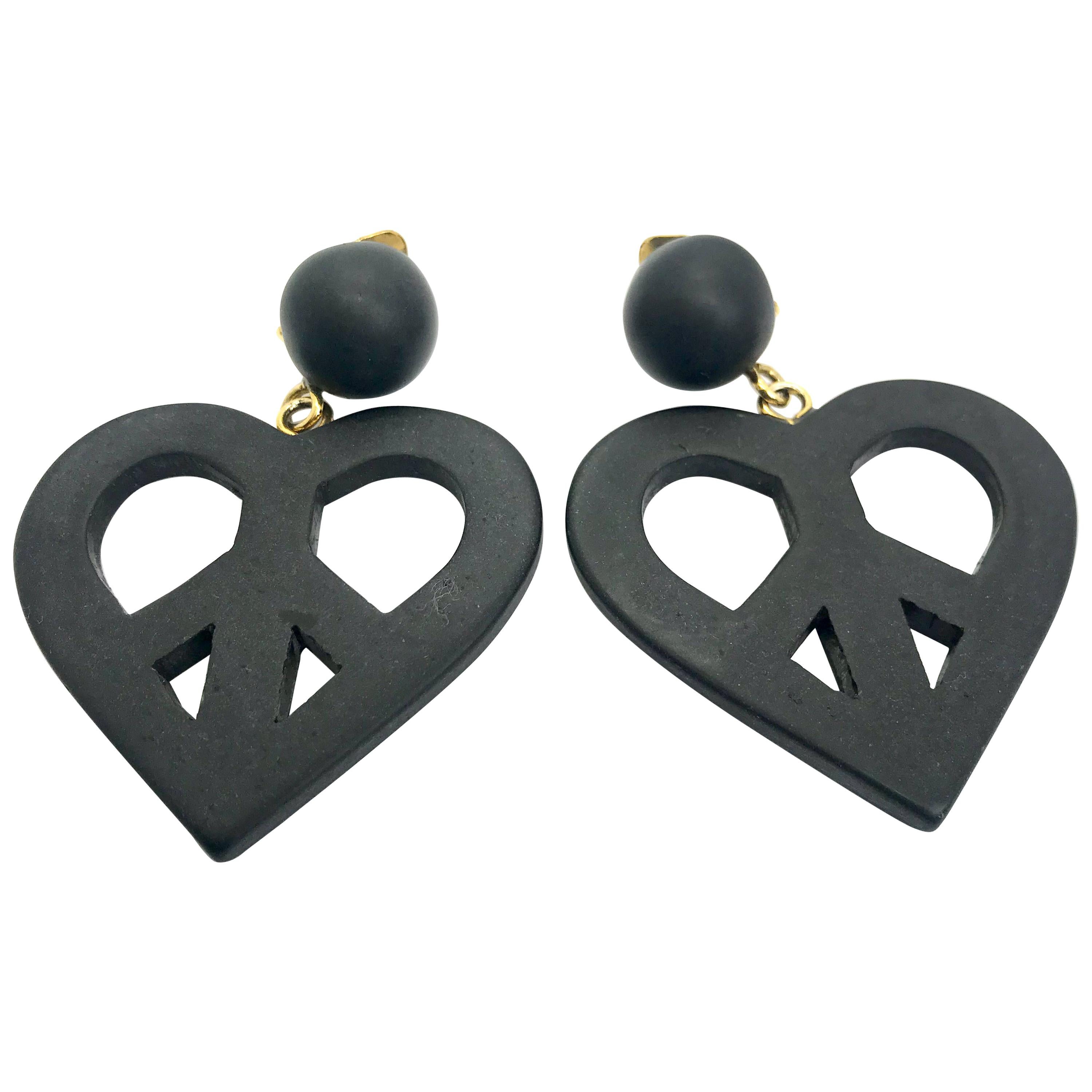 Moschino 90s Oversized Black Heart Clip on Earrings