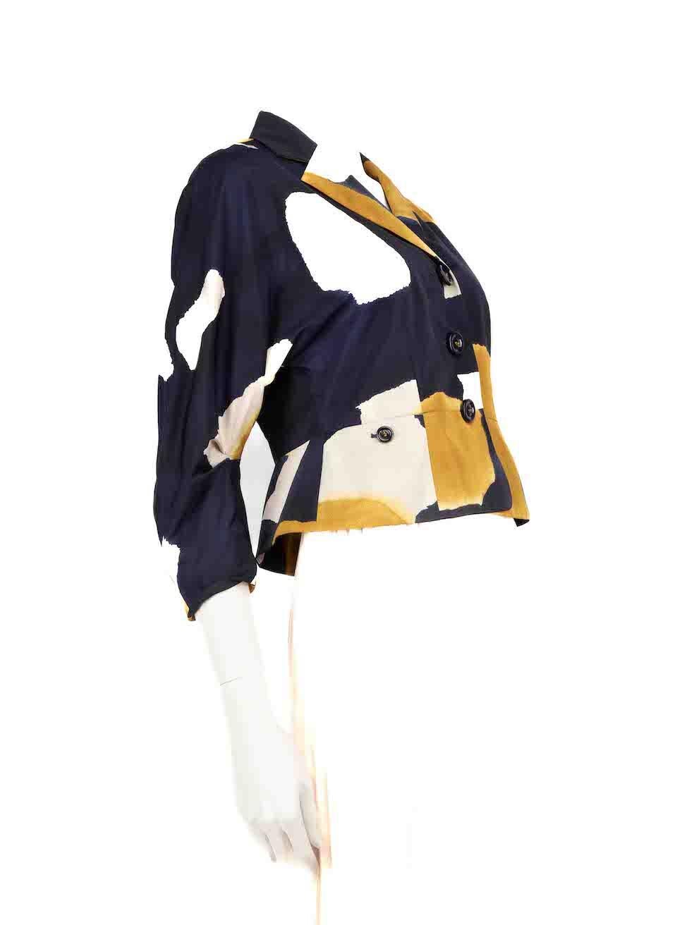 CONDITION is Very good. Minimal wear to the jacket is evident. Minimal discolouration on the left sleeve on this used Moschino Cheap & Chic designer resale item.
 
 
 
 Details
 
 
 Multicolour- navy, yellow, white
 
 Polyester
 
 Jacket
 
 Abstract