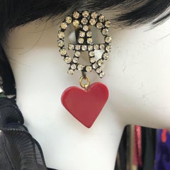 Moschino "Anarchy" Rhinestones with Drop Red Heart Shaped Clip On Earrings