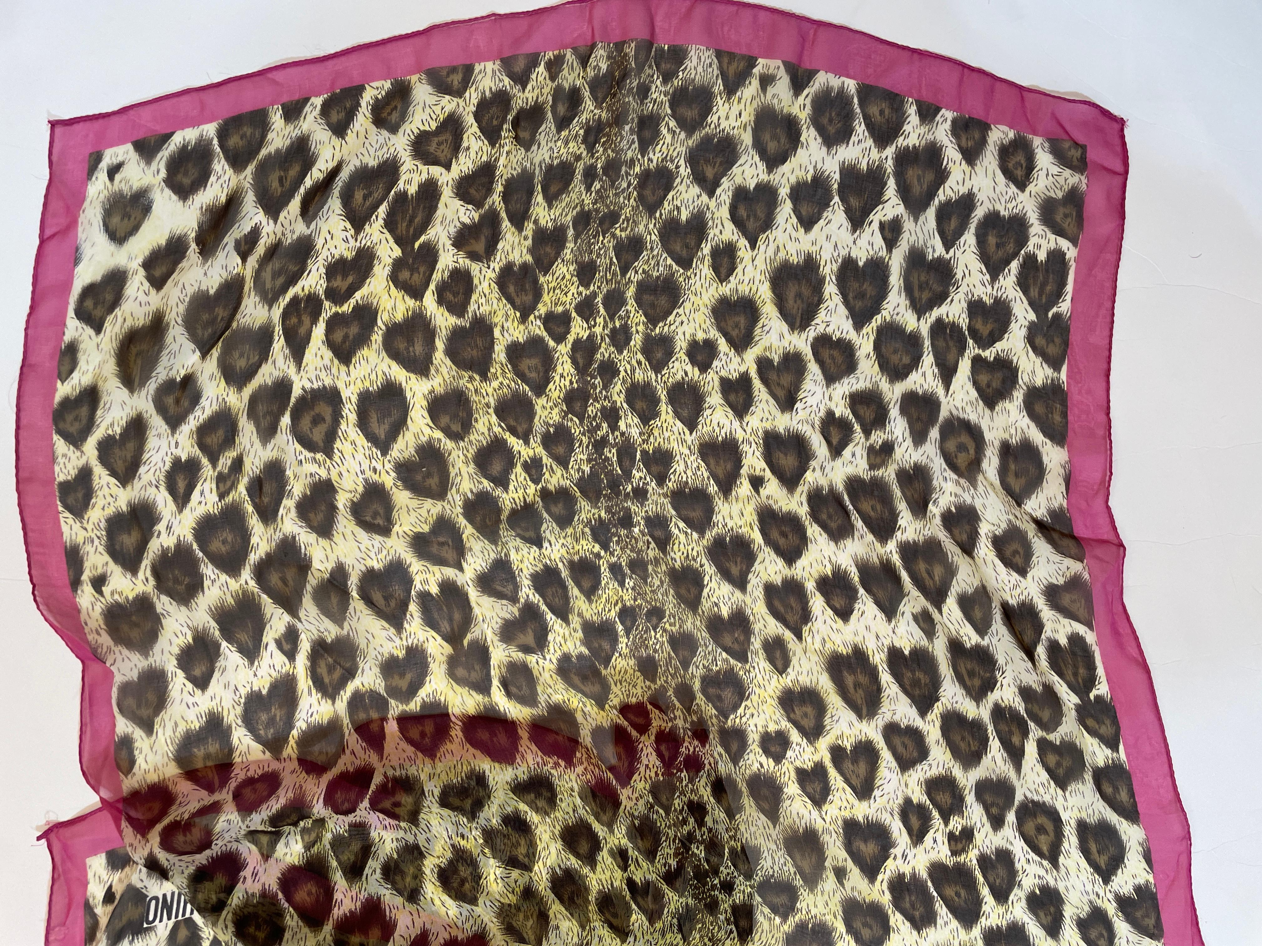 Moschino Animal Print Silk Scarf Made In Italy Pink And Brown 1990s Head Wrap For Sale 6