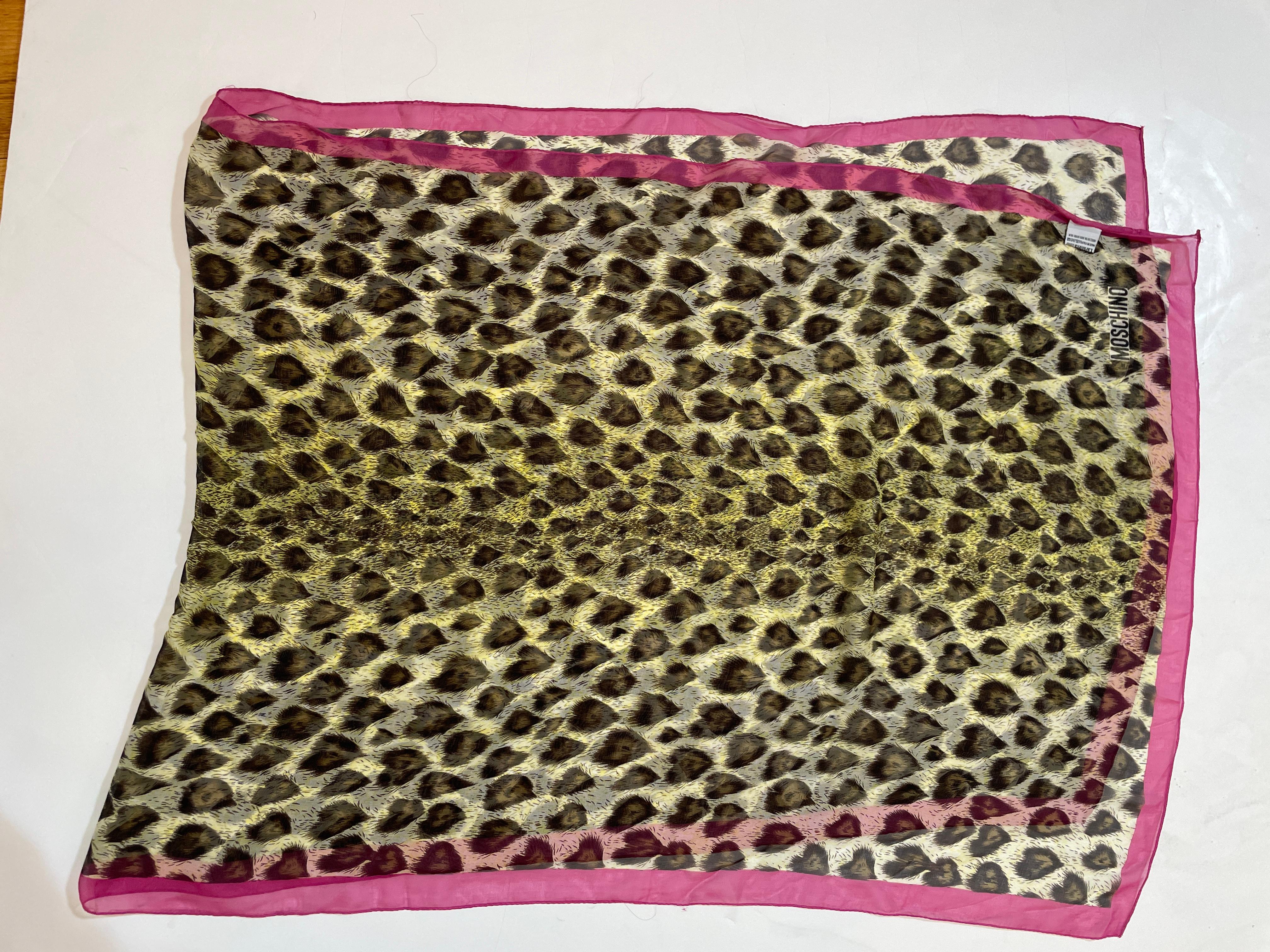 Moschino Animal Print Silk Scarf Made In Italy Pink And Brown 1990s Head Wrap For Sale 10