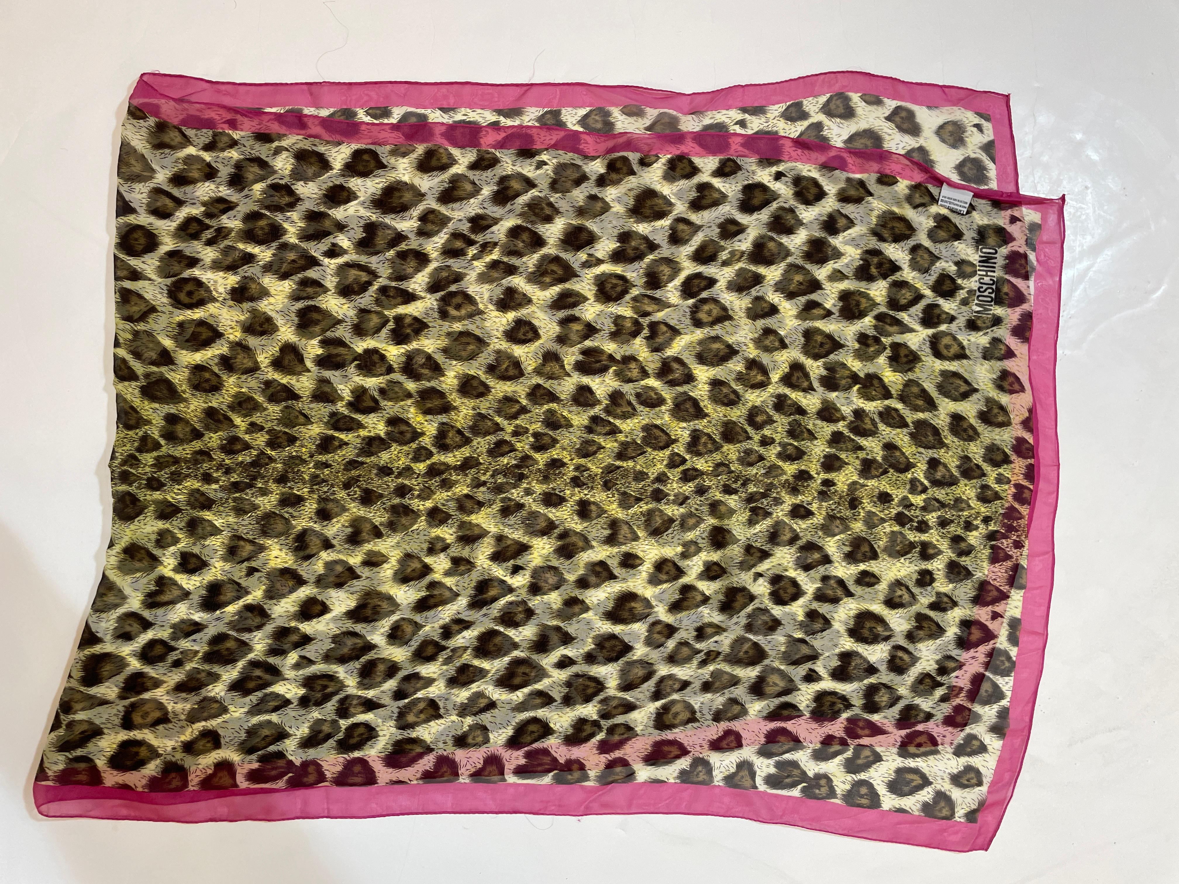 Moschino Animal Print Silk Scarf Made In Italy Pink And Brown 1990s Head Wrap For Sale 11