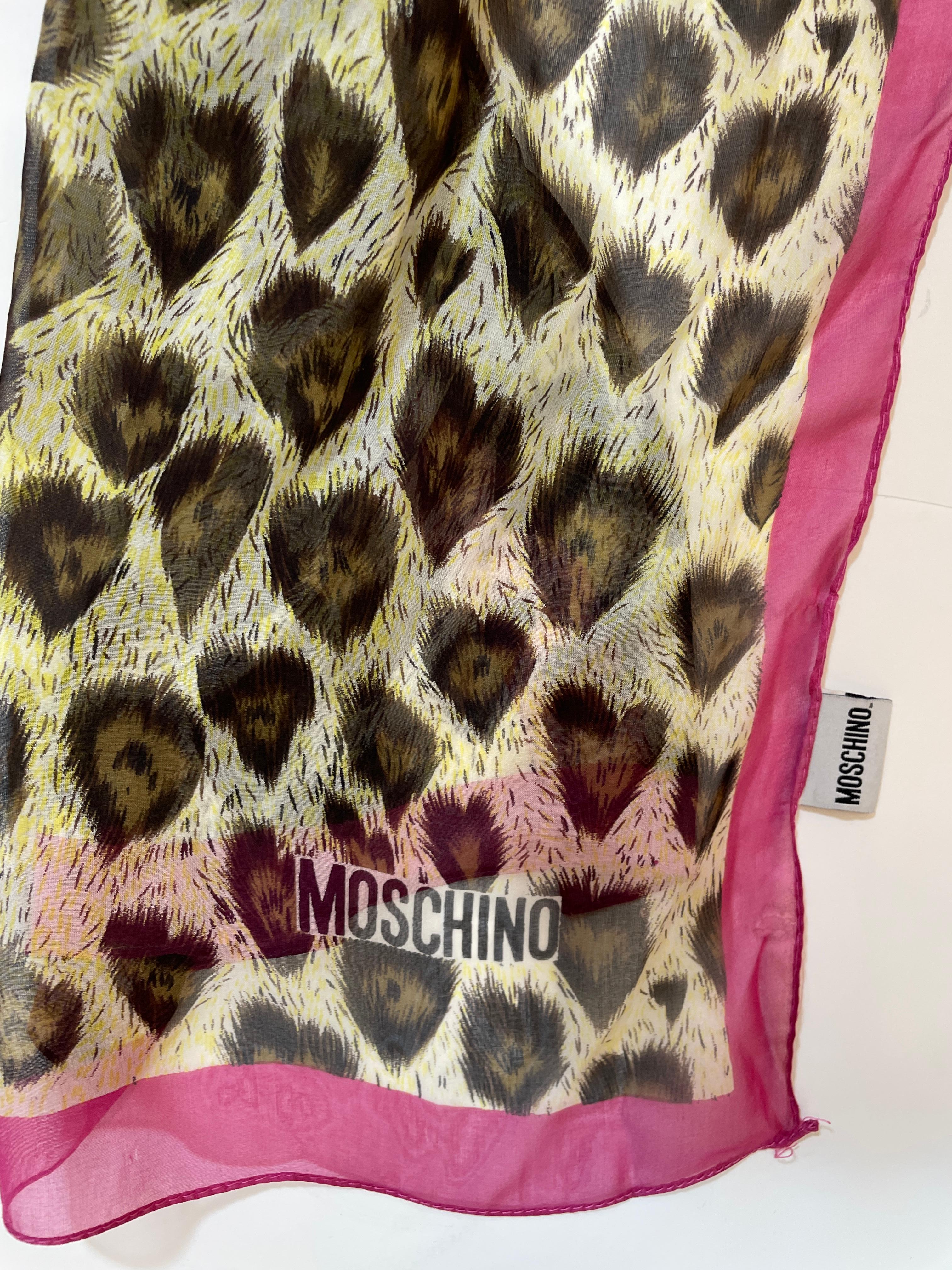 Moschino Animal Print Silk Scarf Made In Italy Pink And Brown 1990s Head Wrap In Good Condition For Sale In North Hollywood, CA