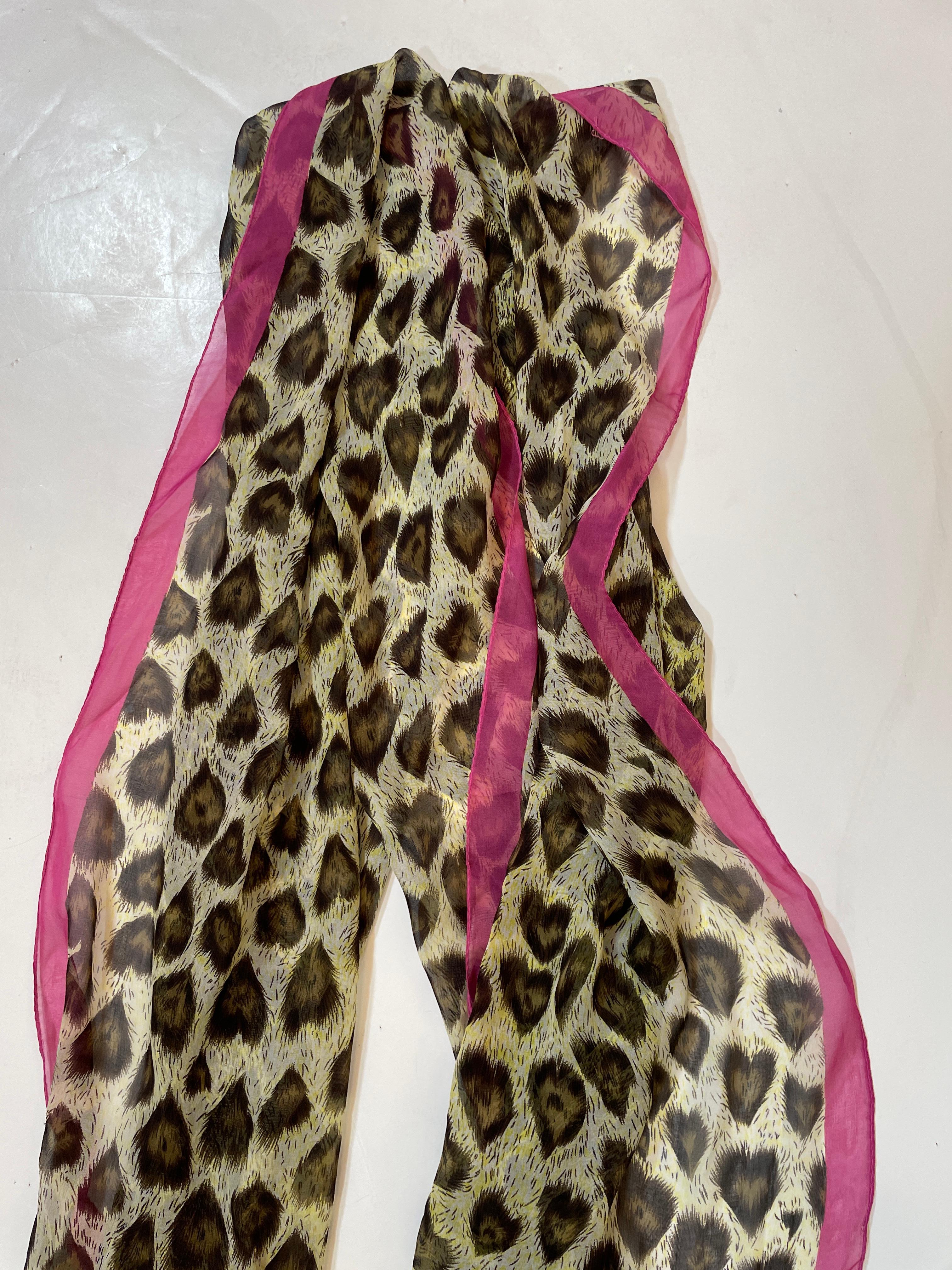 Moschino Animal Print Silk Scarf Made In Italy Pink And Brown 1990s Head Wrap For Sale 1