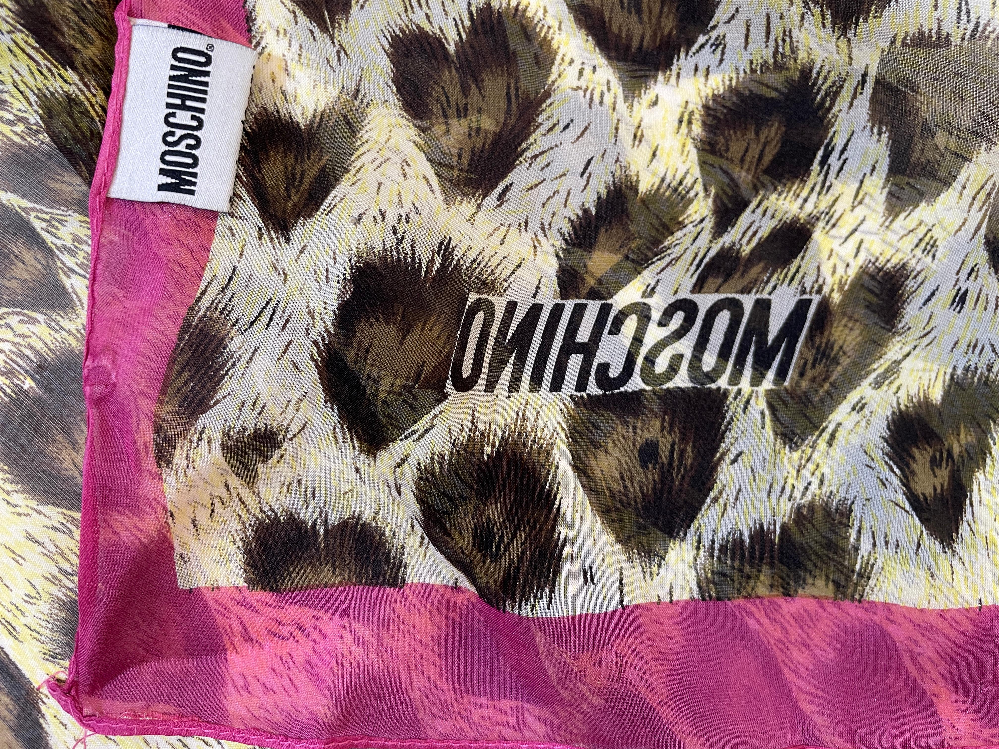 Moschino Animal Print Silk Scarf Made In Italy Pink And Brown 1990s Head Wrap For Sale 3