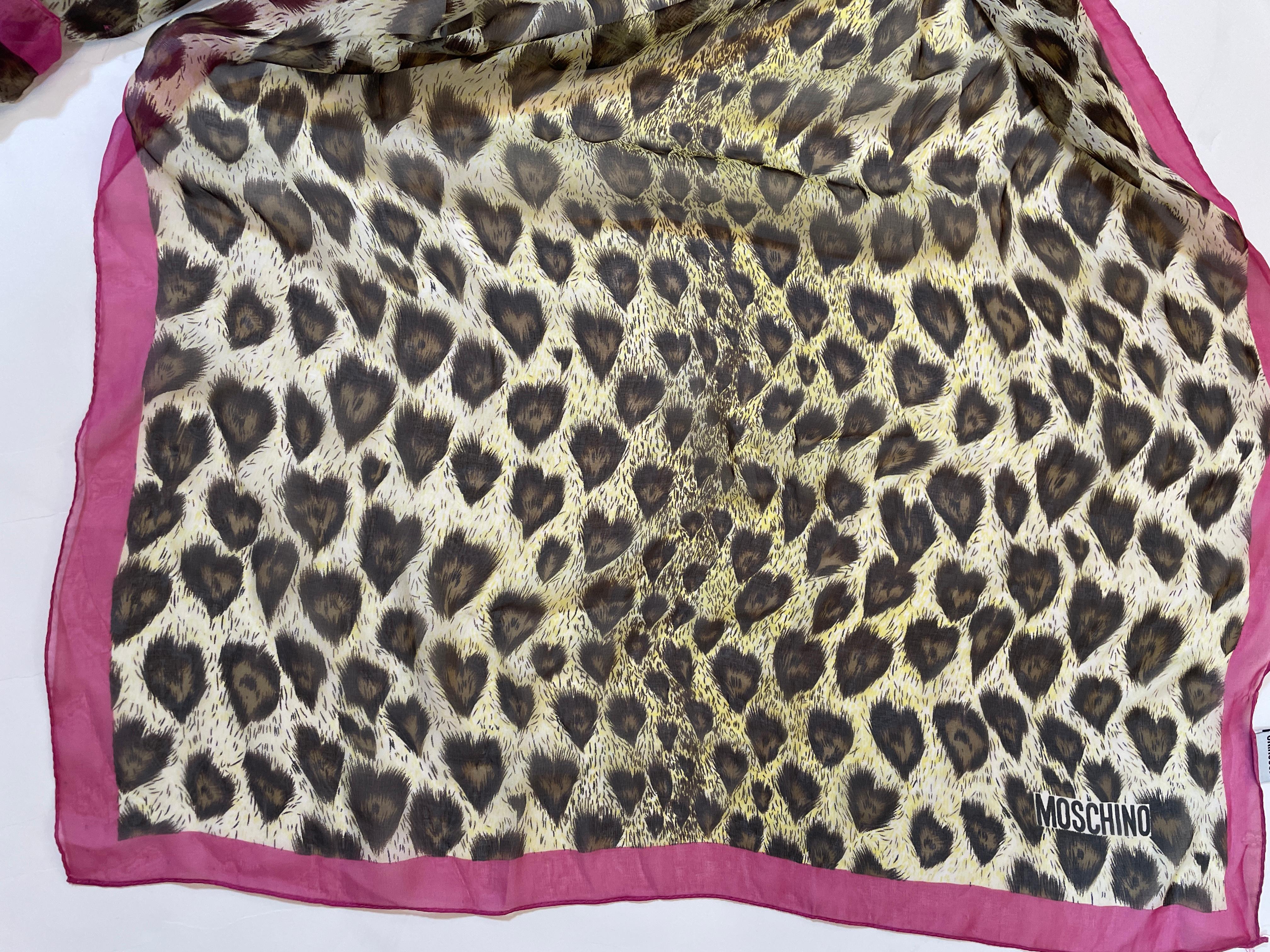 Moschino Animal Print Silk Scarf Made In Italy Pink And Brown 1990s Head Wrap For Sale 5
