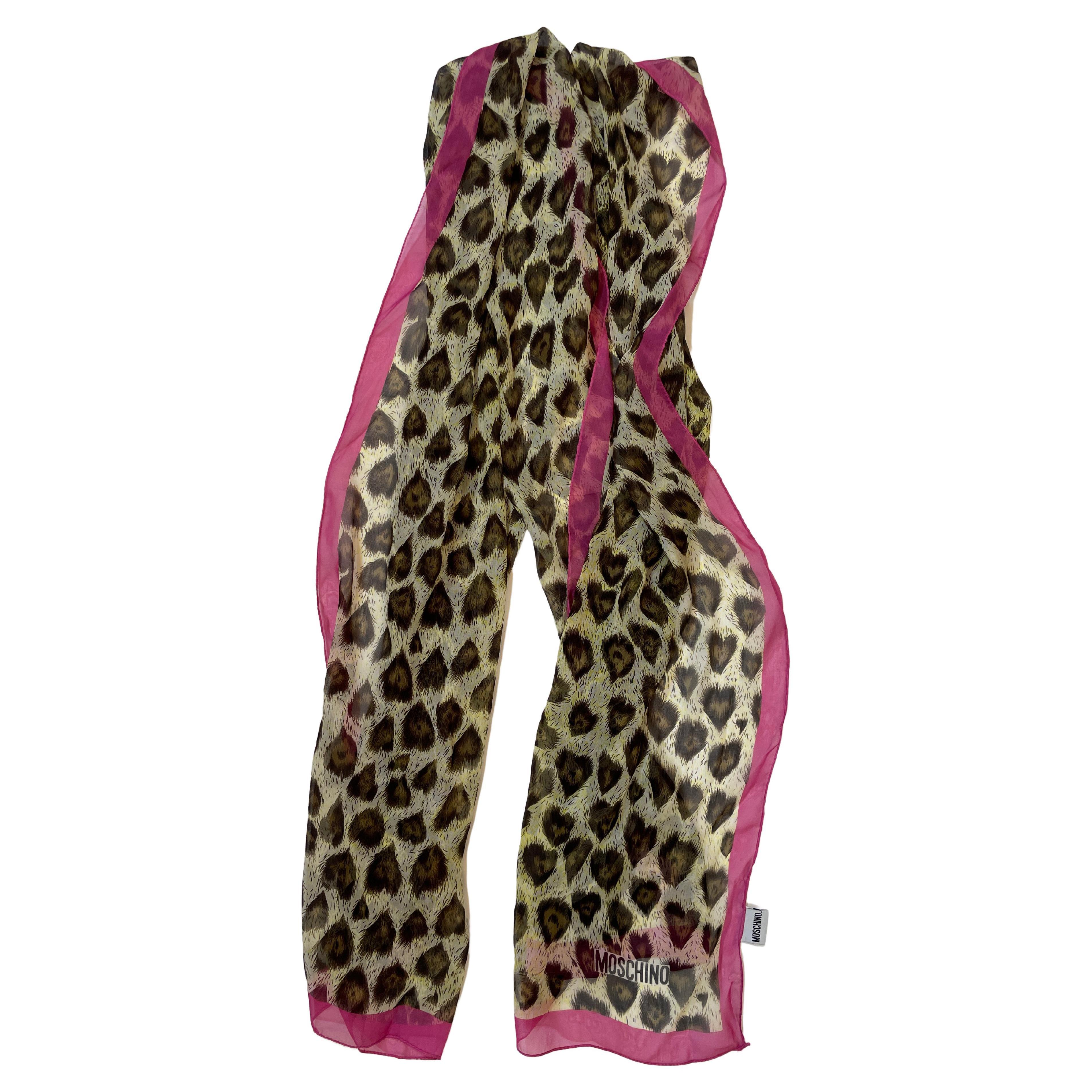 Moschino Animal Print Silk Scarf Made In Italy Pink And Brown 1990s Head Wrap For Sale