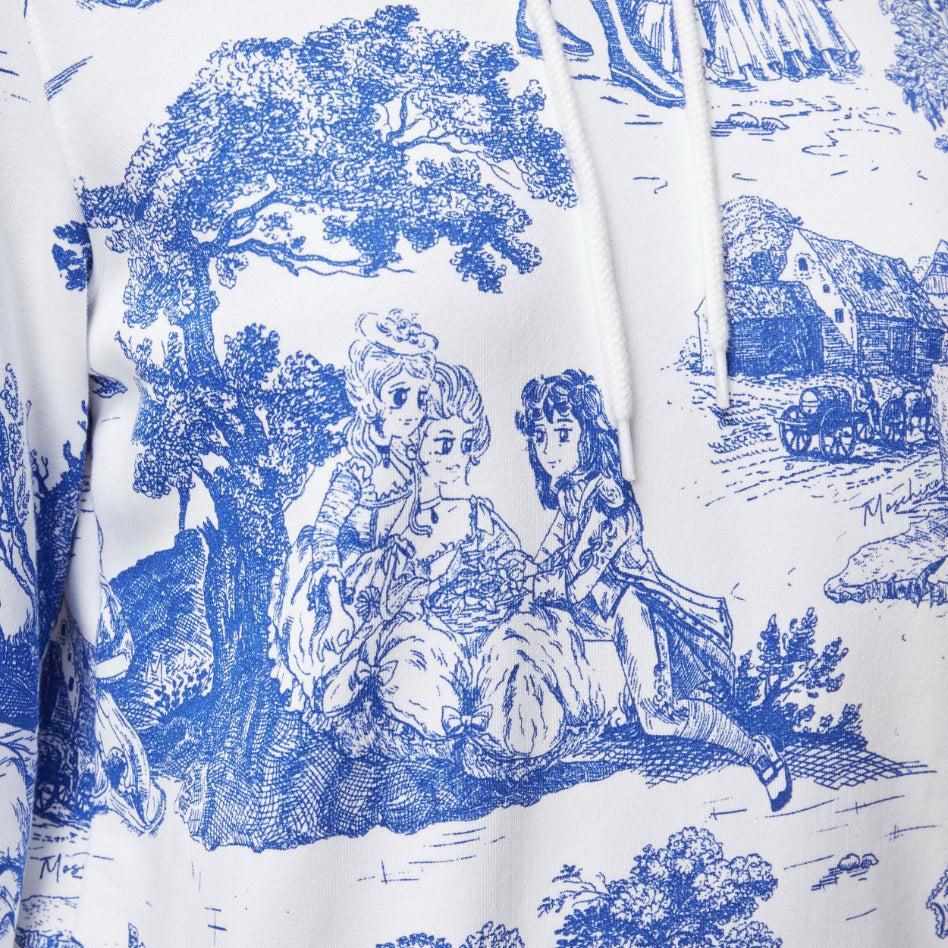 MOSCHINO Anime Toile De Jouy blue white frill trim hoodie sweater IT36 XXS For Sale 3