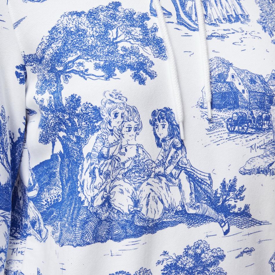 MOSCHINO Anime Toile De Jouy blue white frill trim hoodie sweater IT36 XXS For Sale 4