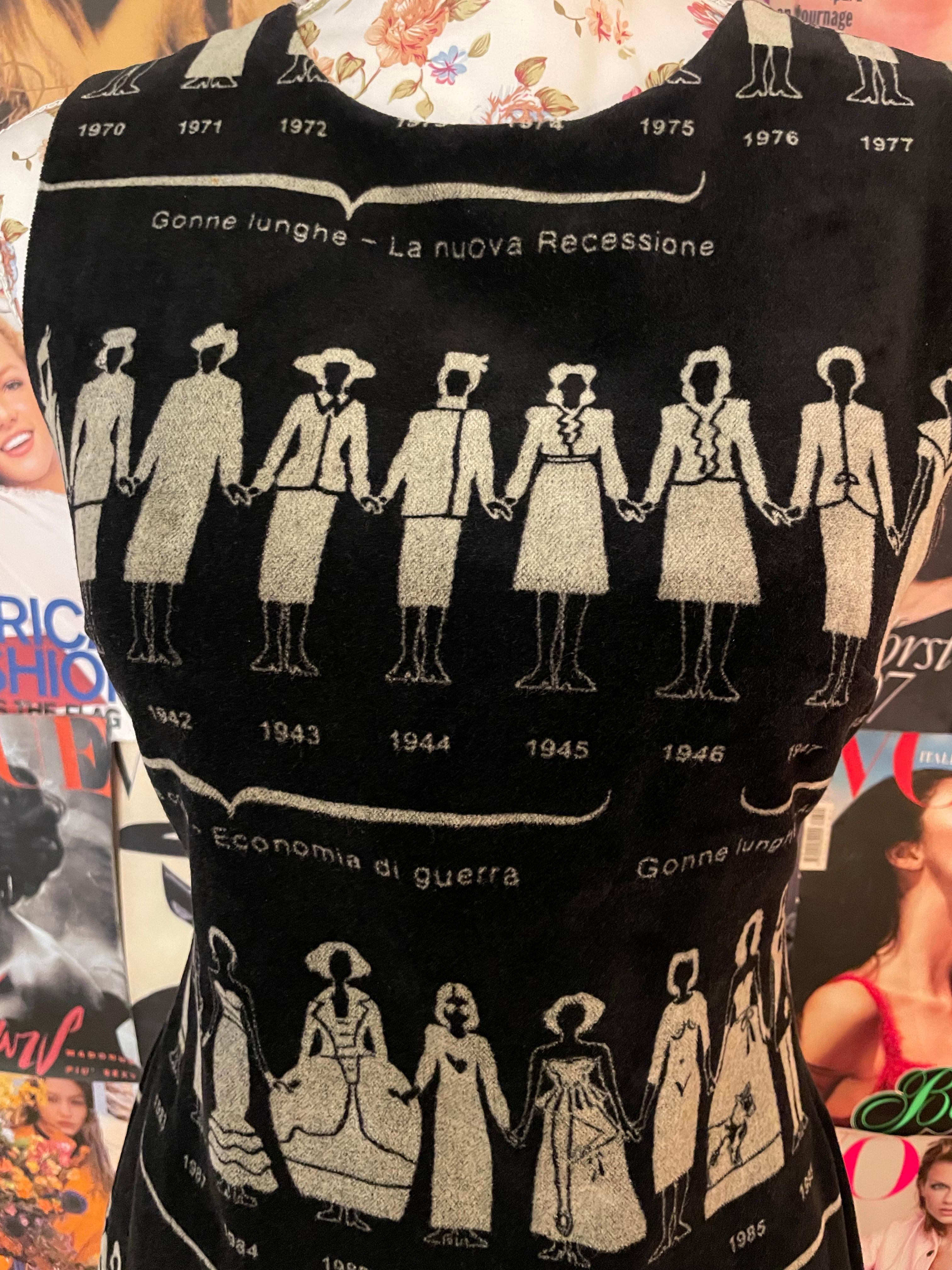 Moschino Fashion History 'Anni Di Kaos' Iconic Print Velvet Shift Dress, c. 1997

Rare vintage 1990s Moschino Cheap&Chic dress. In a black velvet with an amazing print of fashion history, featuring designs from 1923 to 1997, with a retrospective of