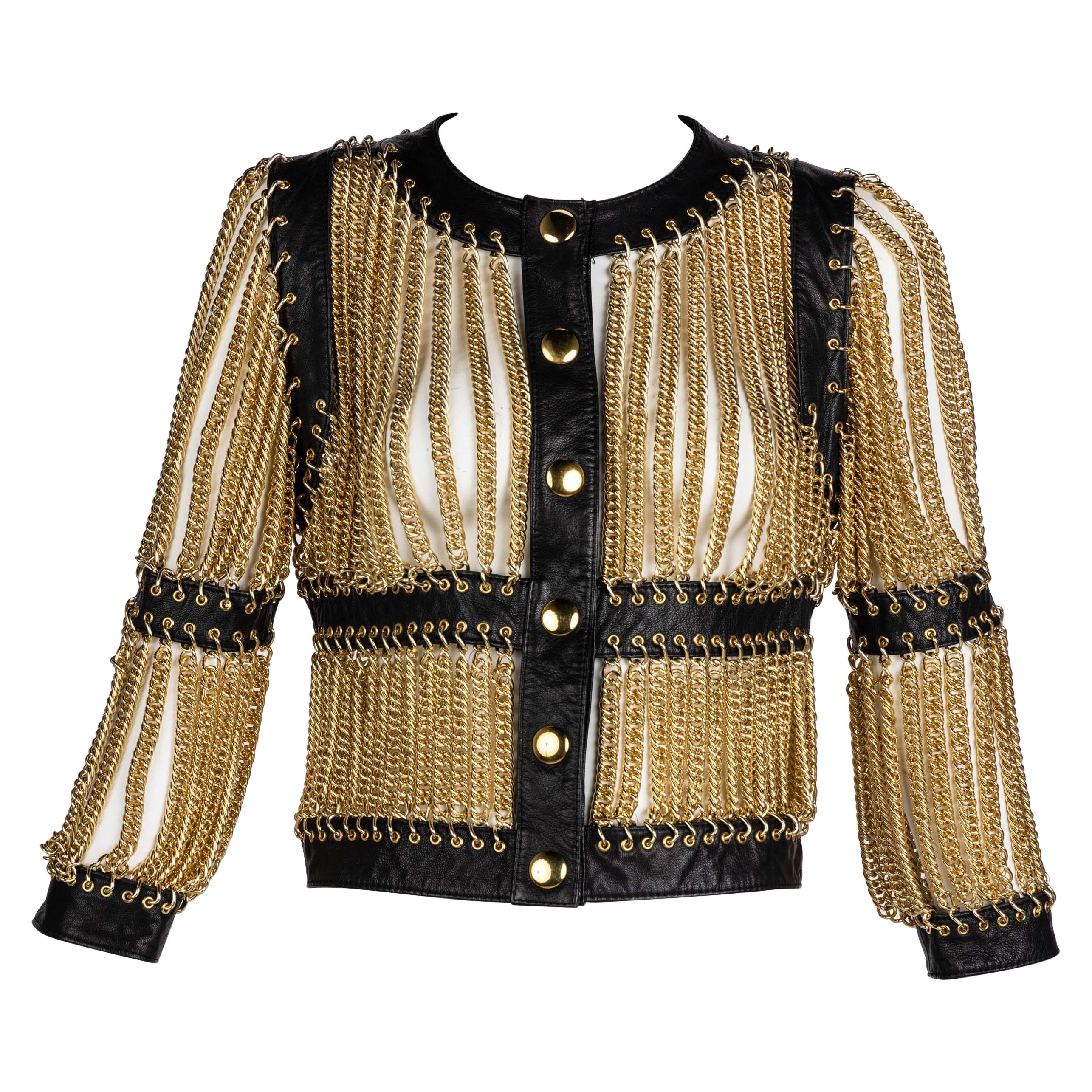 Moschino Archive Vintage Giacca in pelle con catena d'oro JLO Primavera 2010 in vendita