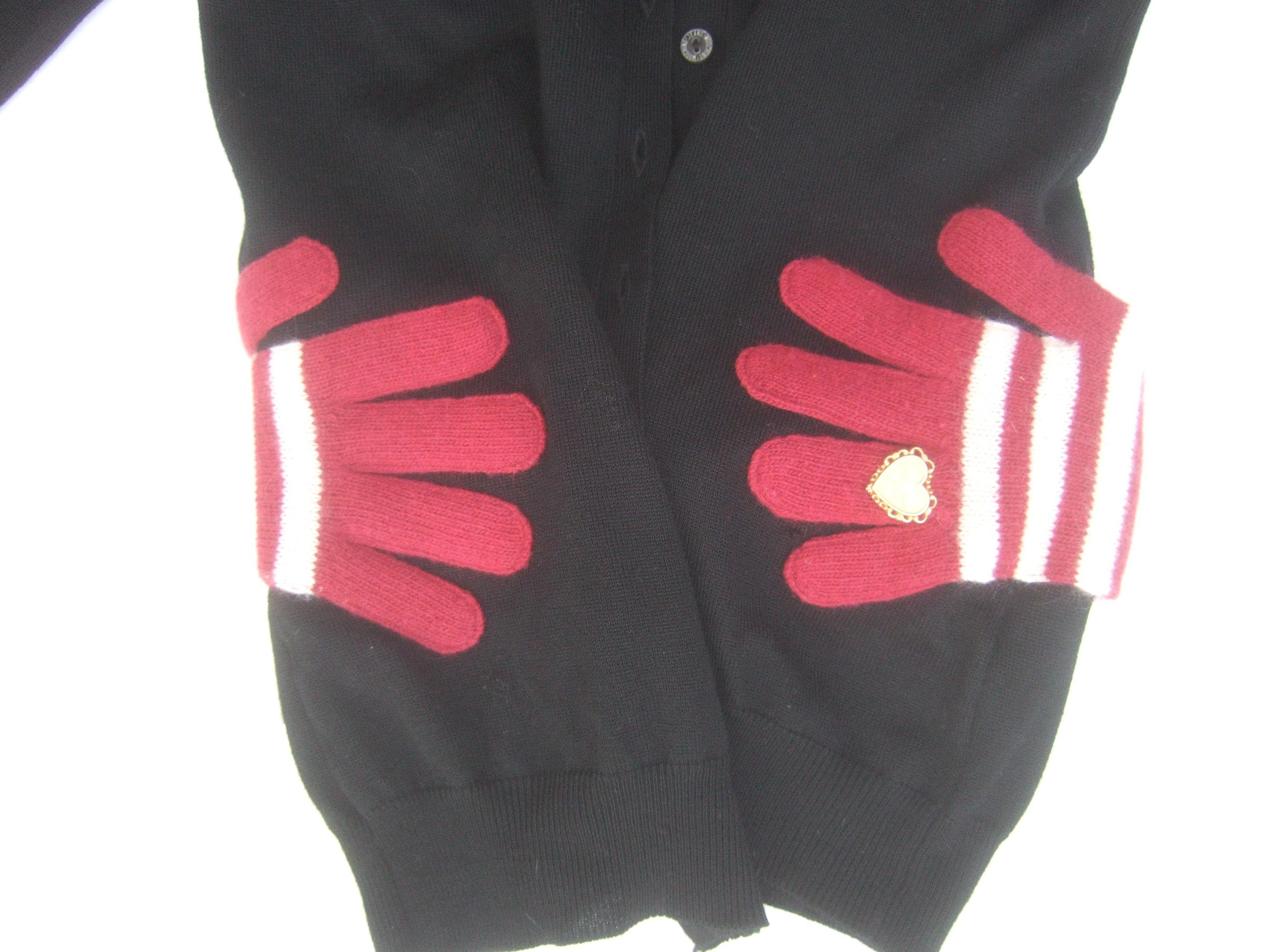 Moschino Avant Garde Italian Black Wool Knit Glove Design Cardigan c 1990s In Fair Condition In University City, MO