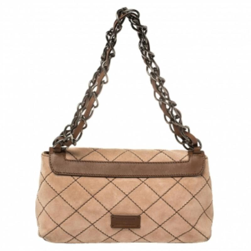 Moschino Beige/Brown Suede And Leather Buckle Flap Shoulder Bag In Fair Condition For Sale In Dubai, Al Qouz 2
