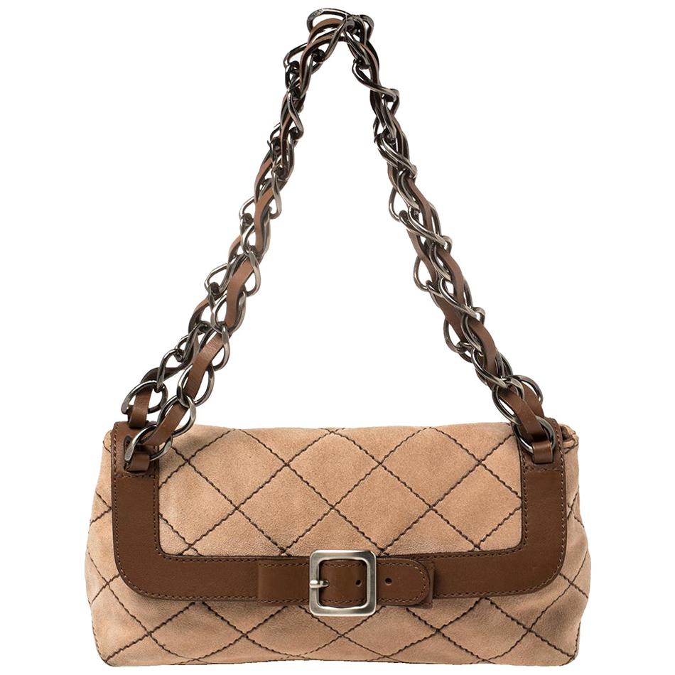 Moschino Beige/Brown Suede And Leather Buckle Flap Shoulder Bag For Sale