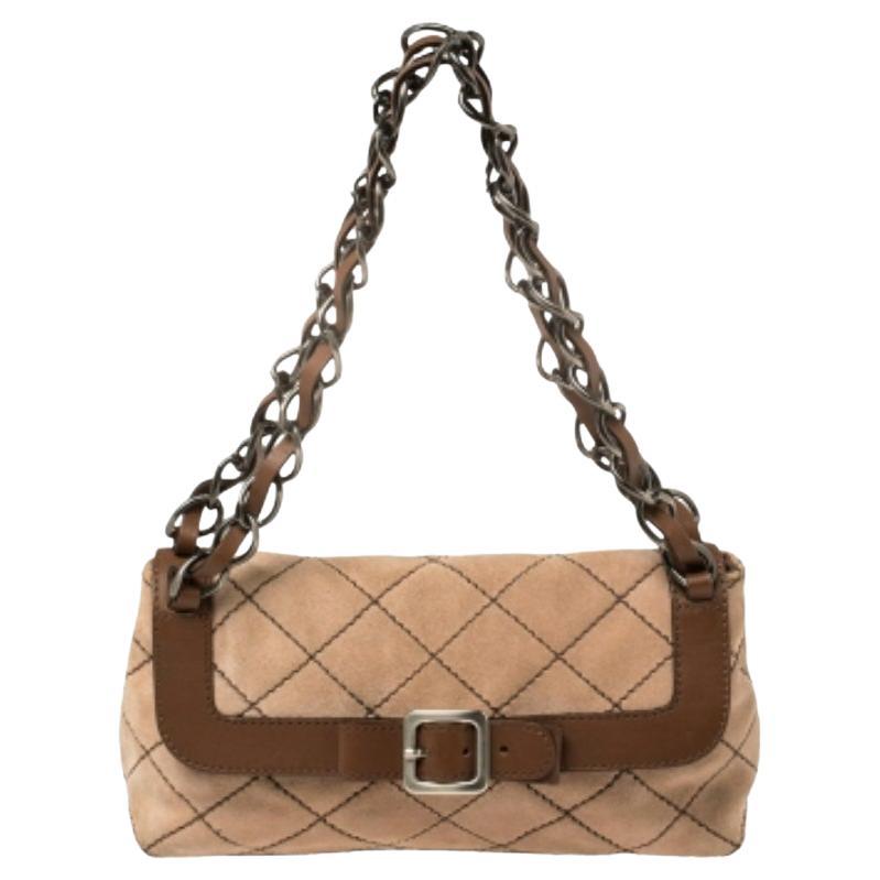 Moschino Beige/Brown Suede And Leather Buckle Flap Shoulder Bag For Sale