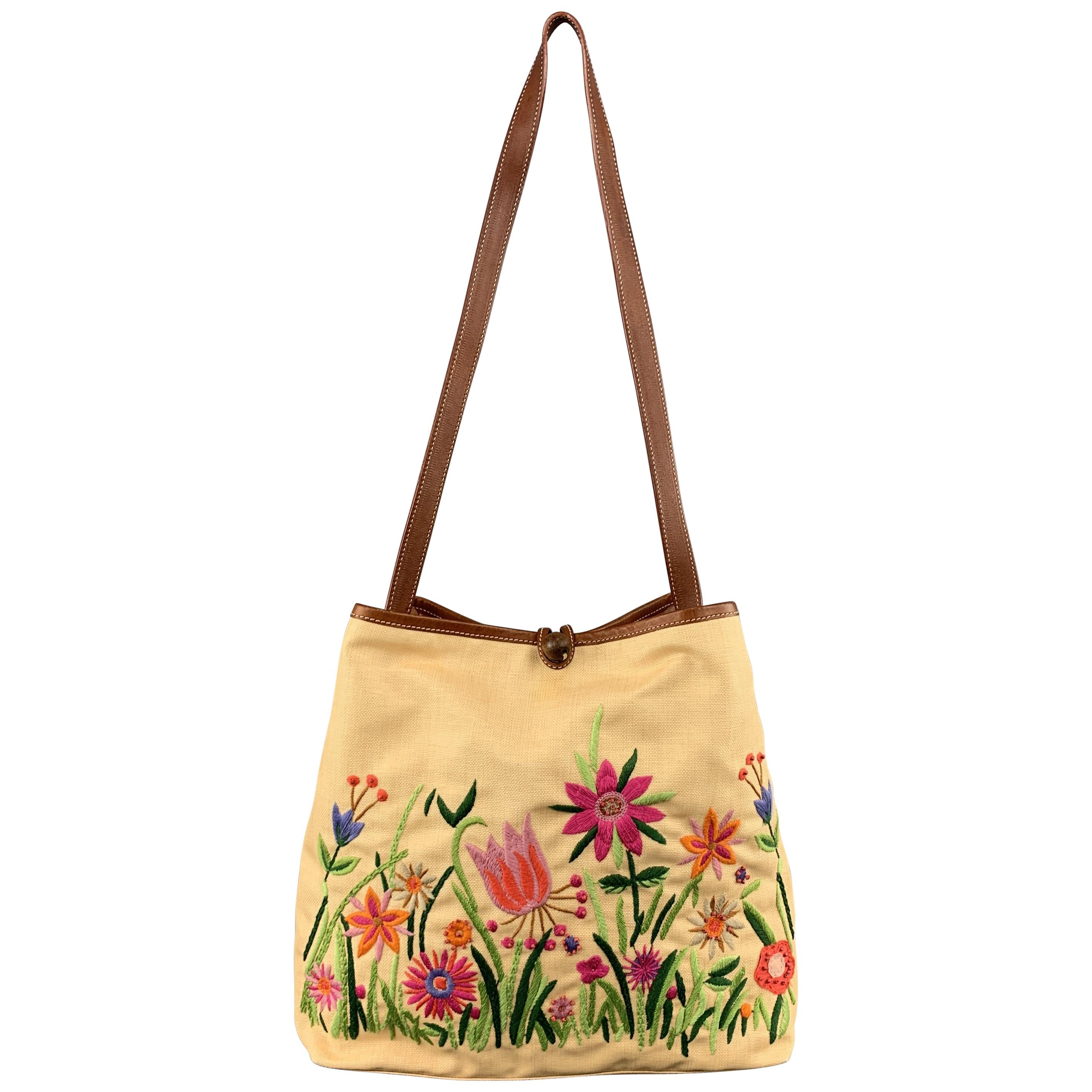MOSCHINO Beige Floral Embroidered Canvas & Tan Leather Handbag