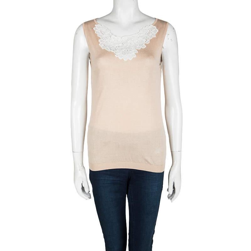 Moschino Beige Knit Lace Neck Trim Detail Sleeveless Top M In Good Condition For Sale In Dubai, Al Qouz 2